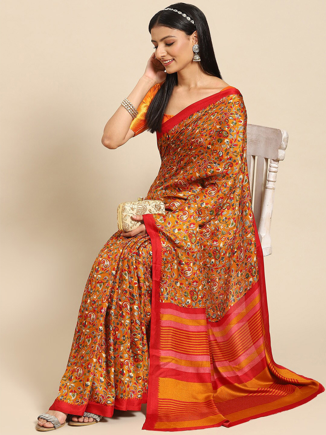 

all about you Rust & Red Ethnic Motifs Printed Saree, Mustard