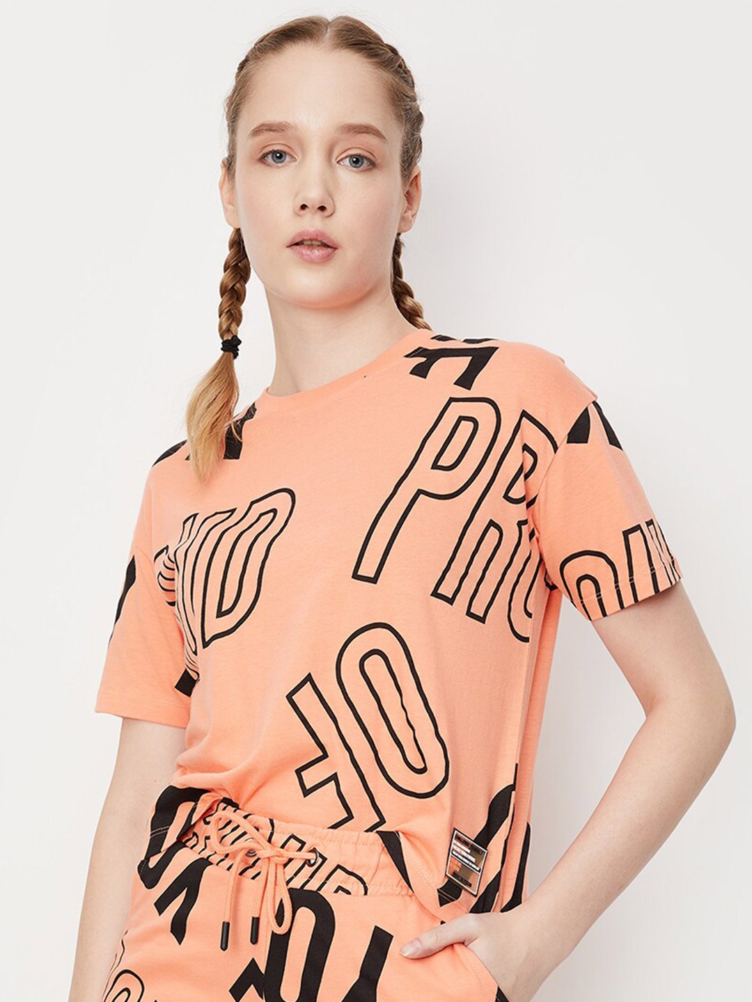 

max Women Typography Printed Pure Cotton T-shirt, Orange