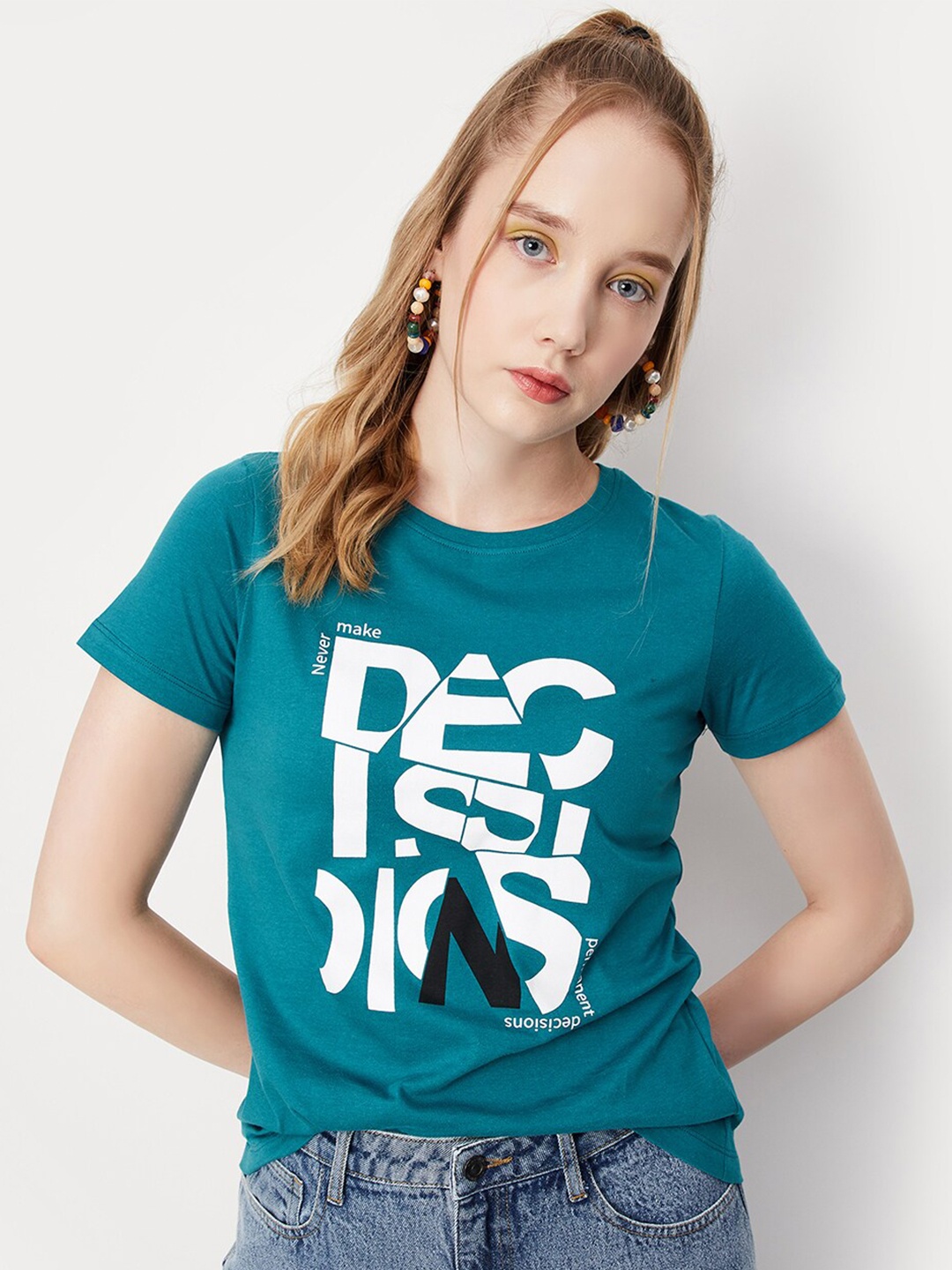 

max Typography Printed Pure Cotton T-shirt, Teal