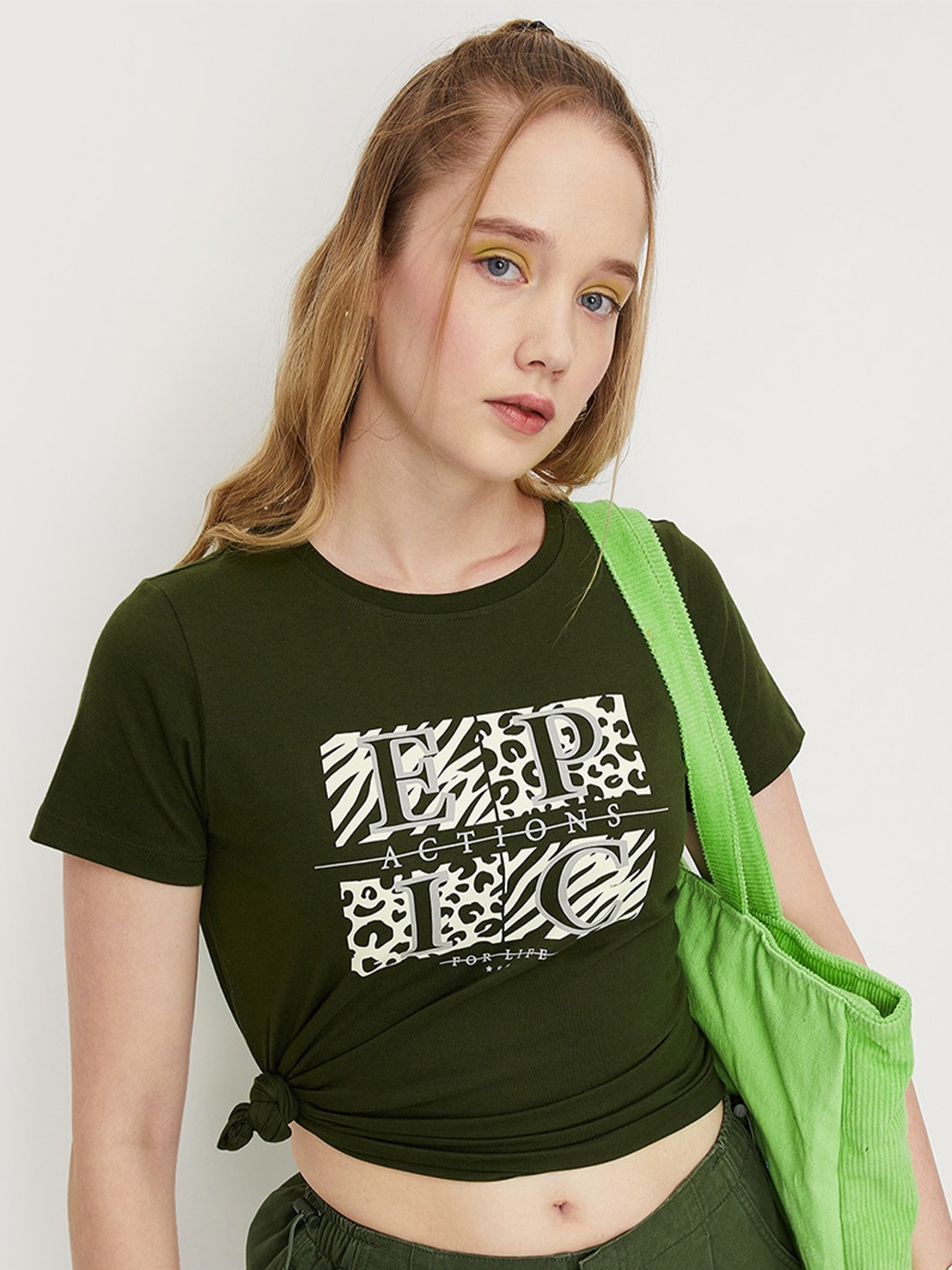 

max Women Typography Printed Cotton Crop T-shirt, Olive