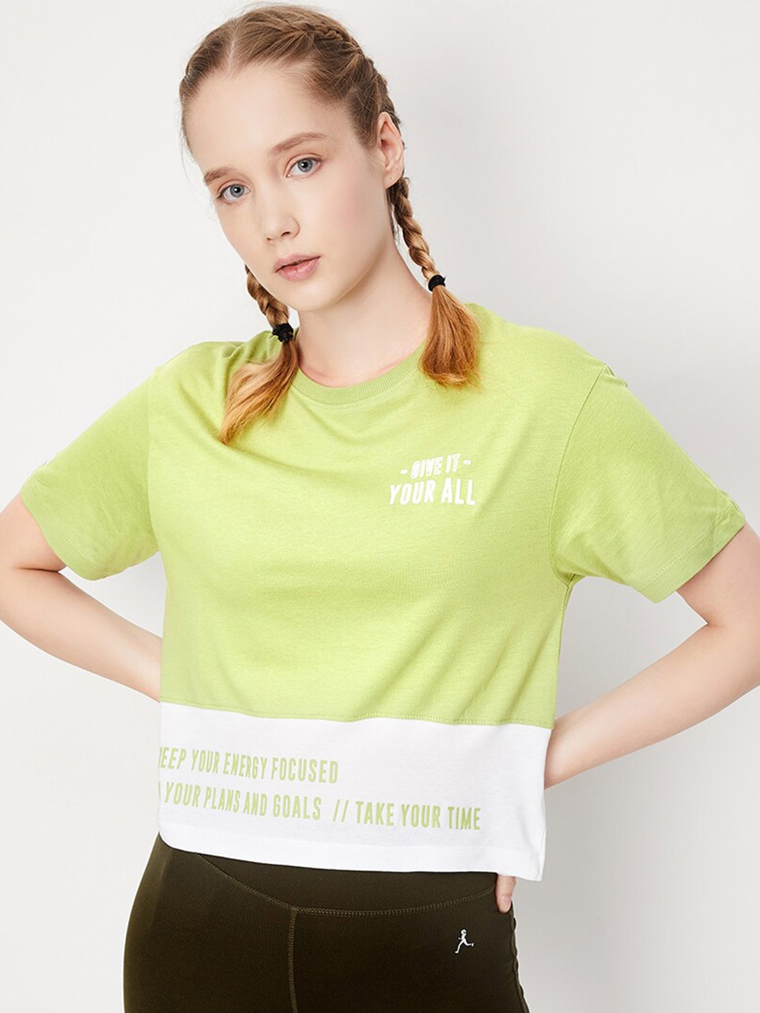 

max Typography Printed Pure Cotton Crop T-Shirt, Green