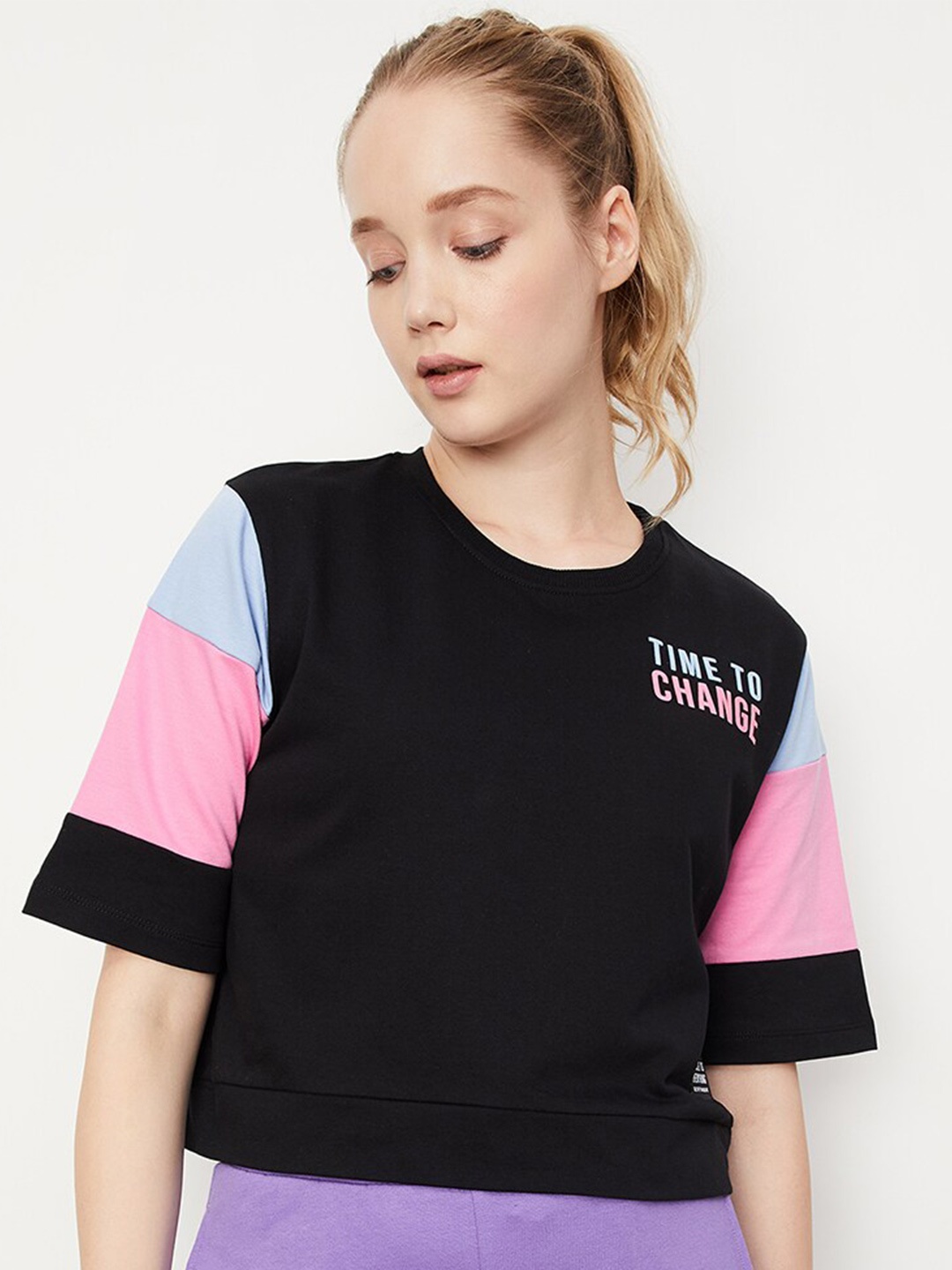 

max Colourblocked Pure Cotton T-shirt, Black