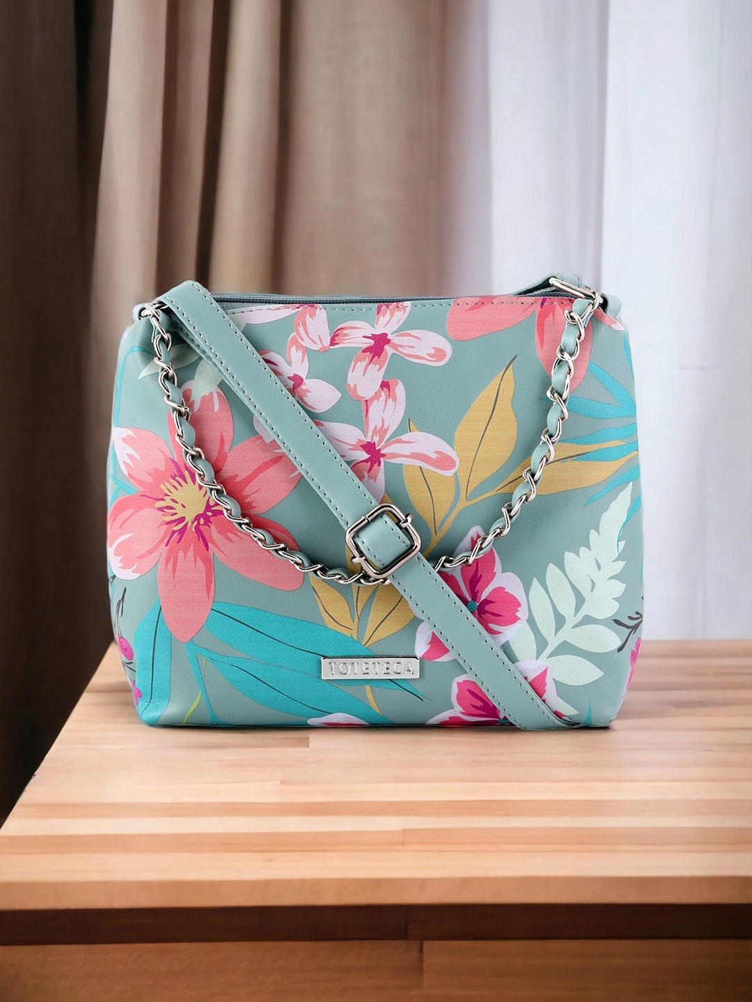 

Toteteca Floral Printed PU Structured Sling Bag, Green