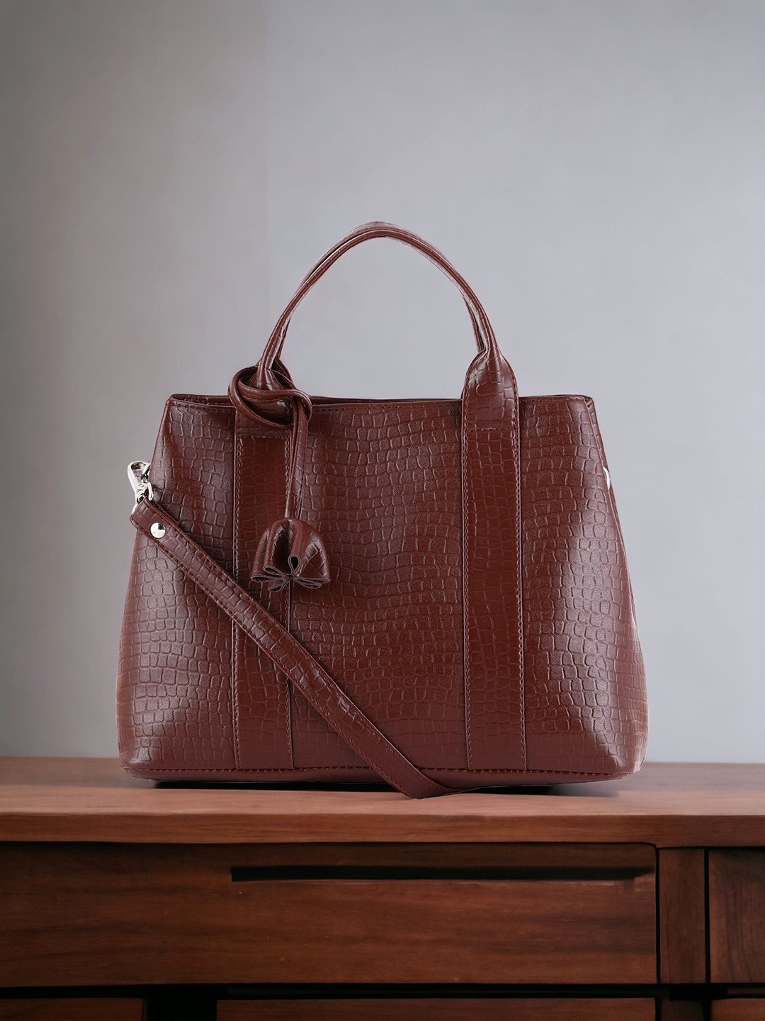 

Toteteca Textured Structured Handheld Bag With Tasselled, Brown