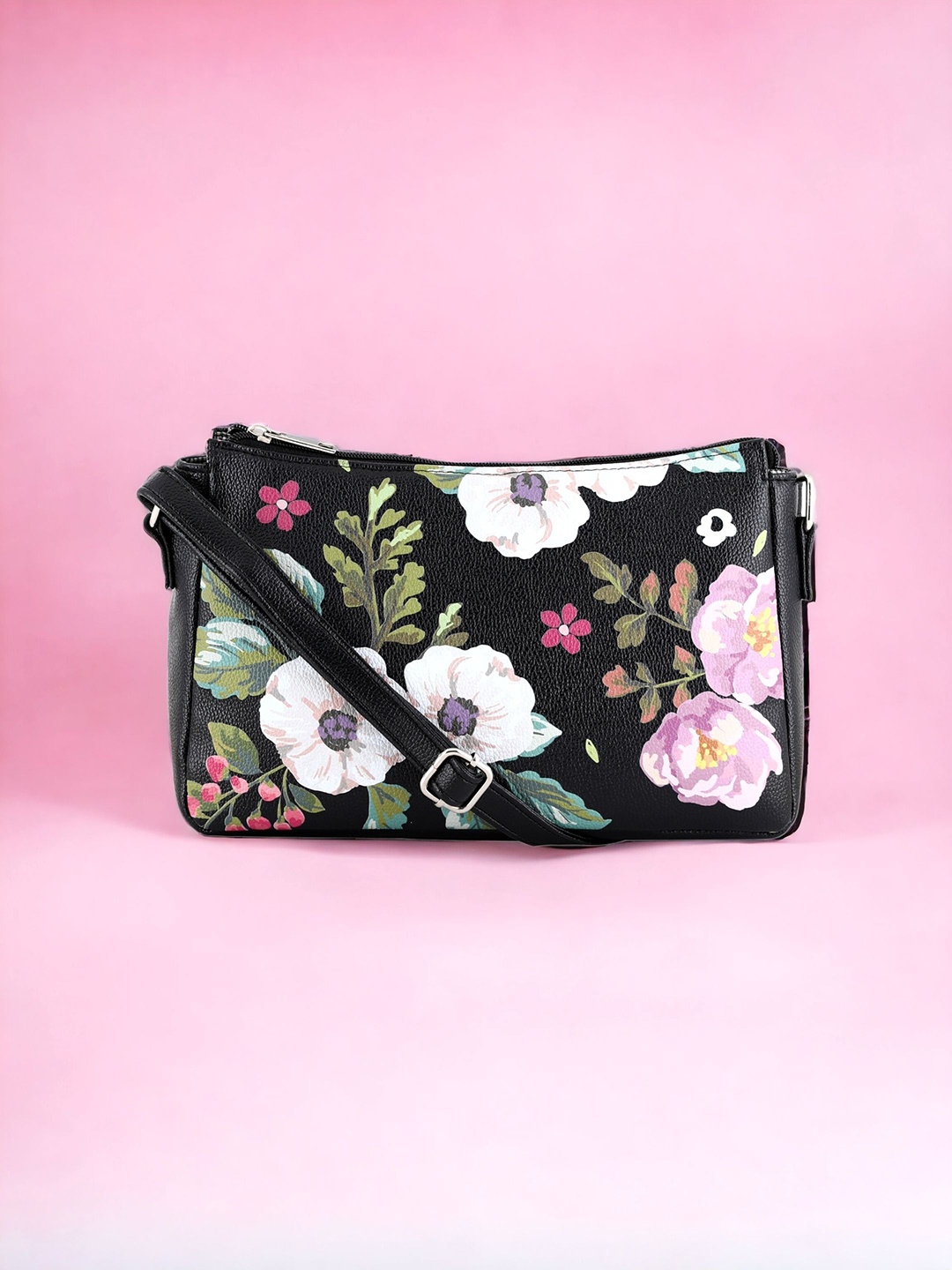 

Toteteca Floral Printed PU Swagger Sling Bag, Black