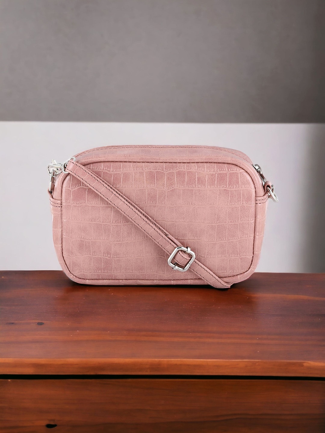 

Toteteca Textured PU Structured Sling Bag with Zip Detail, Pink