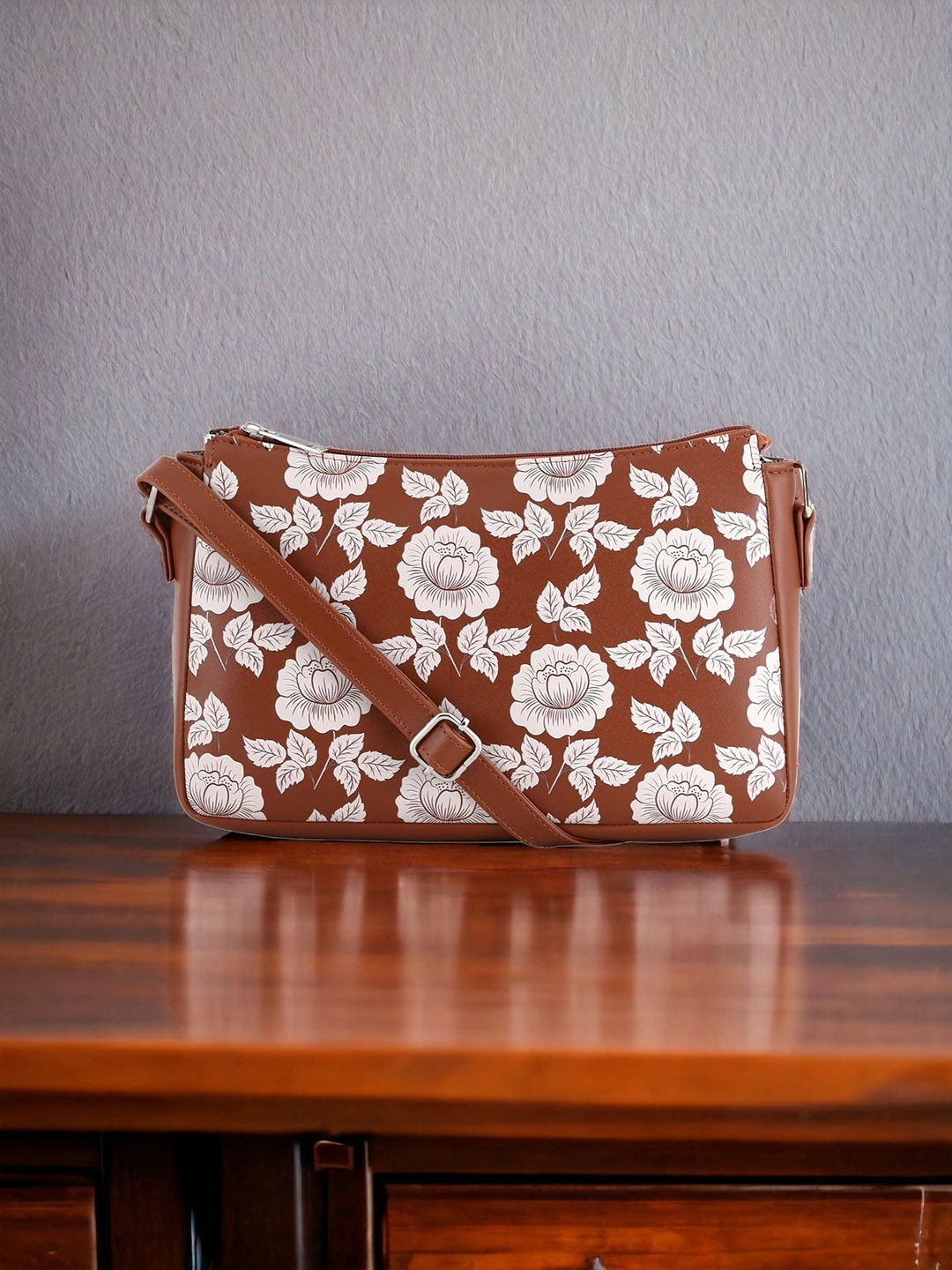

Toteteca Floral Printed Half Moon Sling Bag, Tan