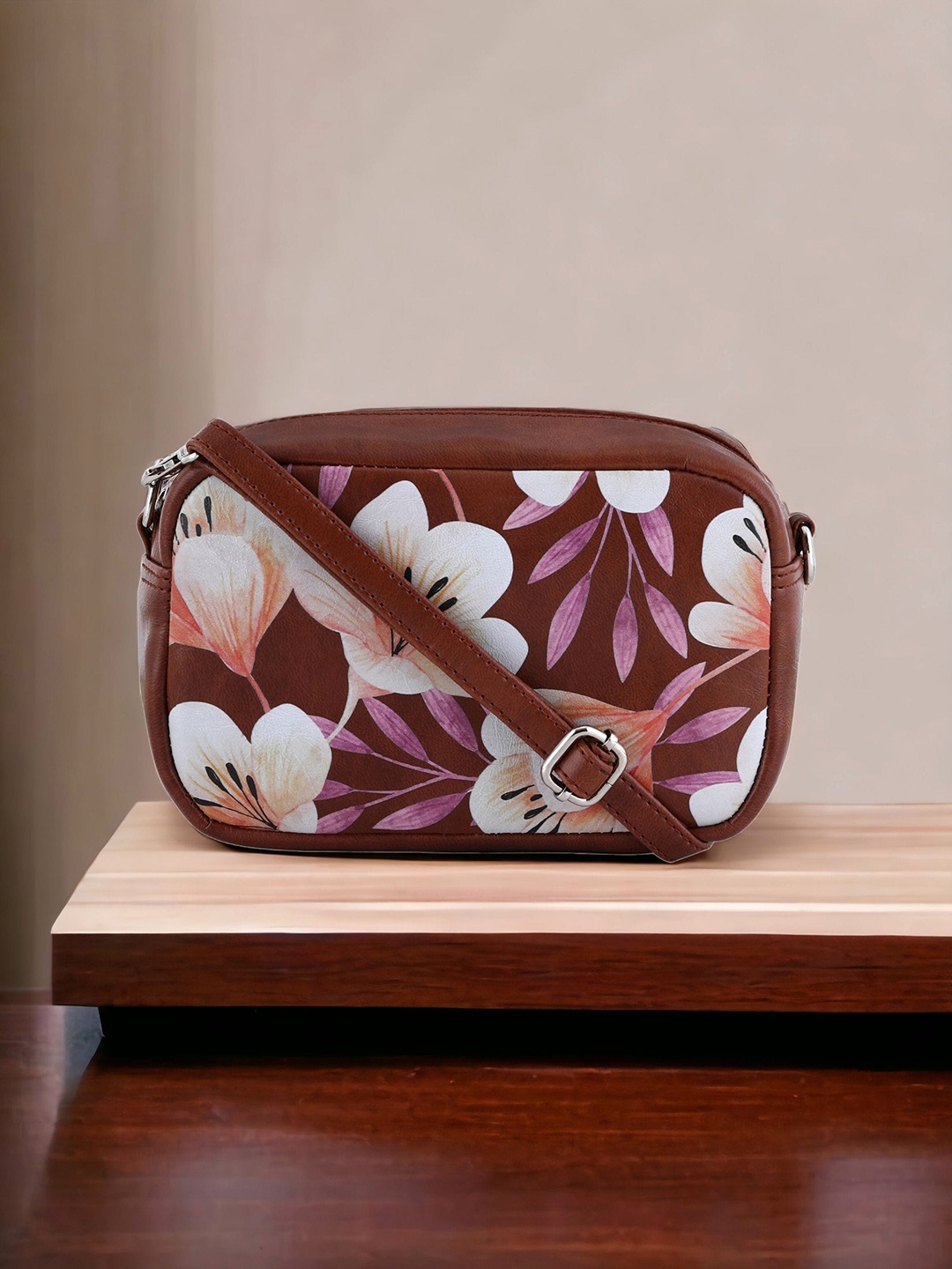 

Toteteca Floral Printed Structured Sling Bag, Brown