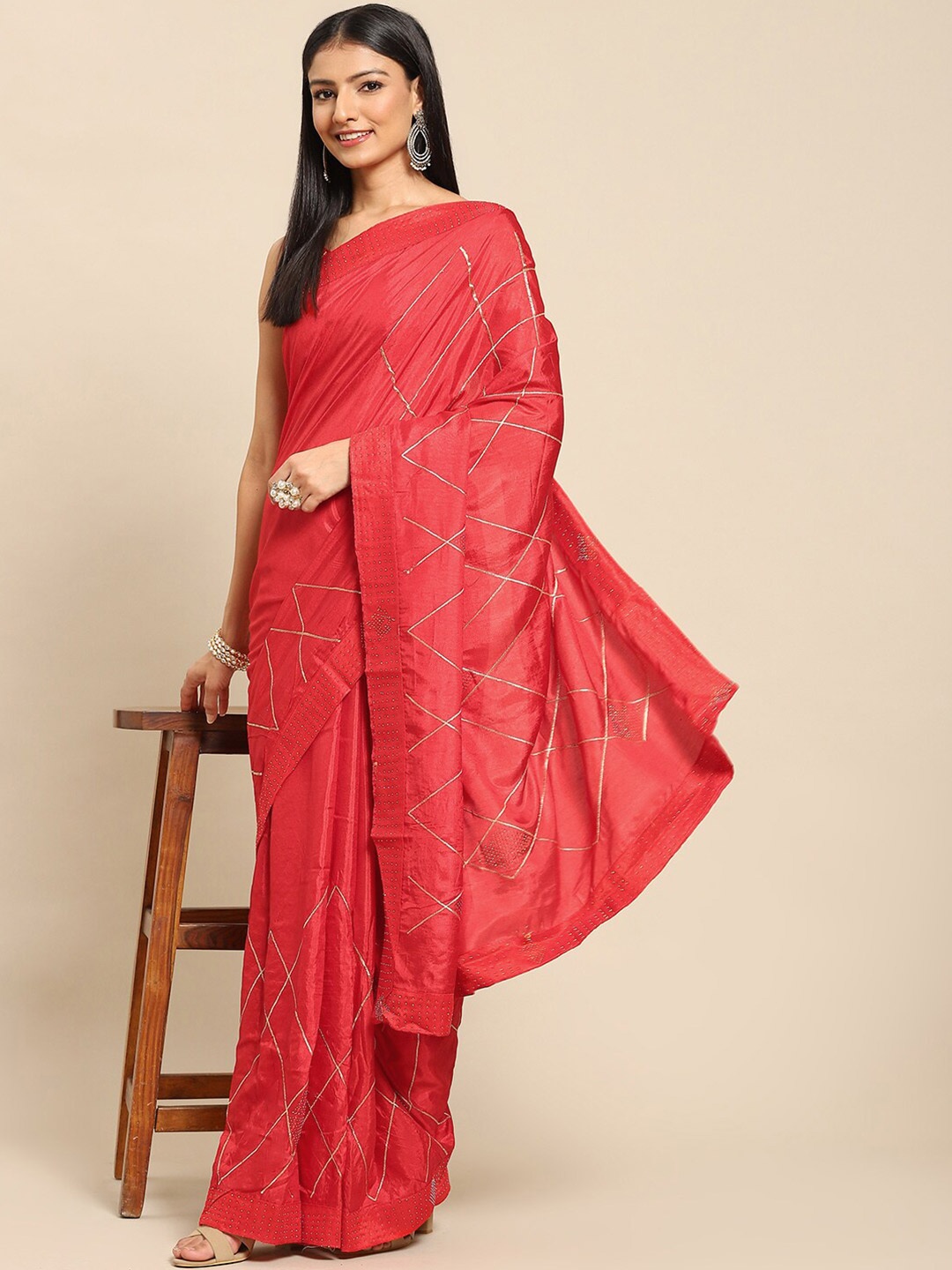 

all about you Red & Gold-Toned Checked Stones & Beads Saree