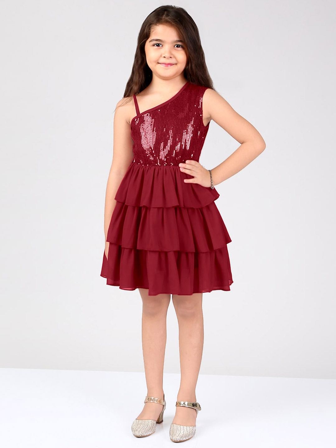 

Naughty Ninos Girls Embellished One Shoulder Fit & Flare Dress, Maroon