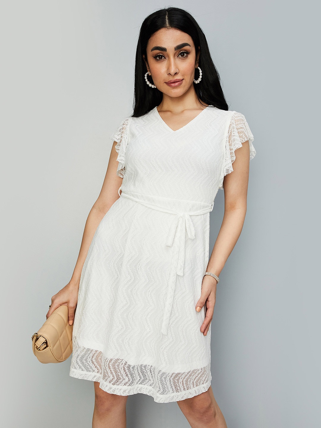 

max Self Design Flutter Sleeves A-Line Dress, White