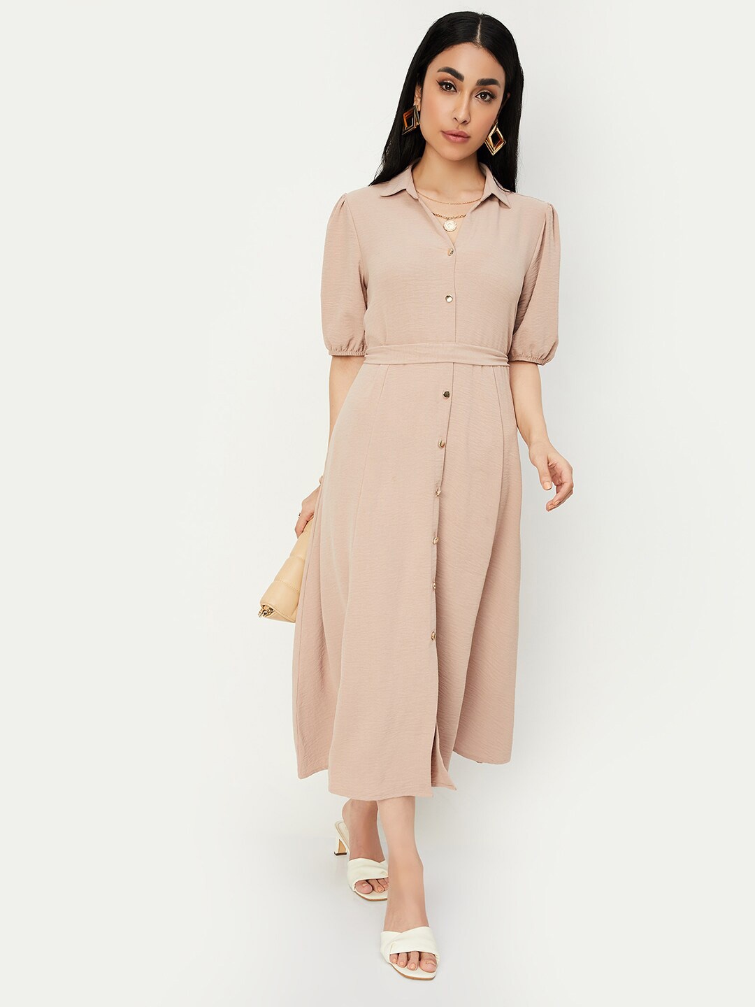 

max Puff Sleeve Shirt Dress, Beige