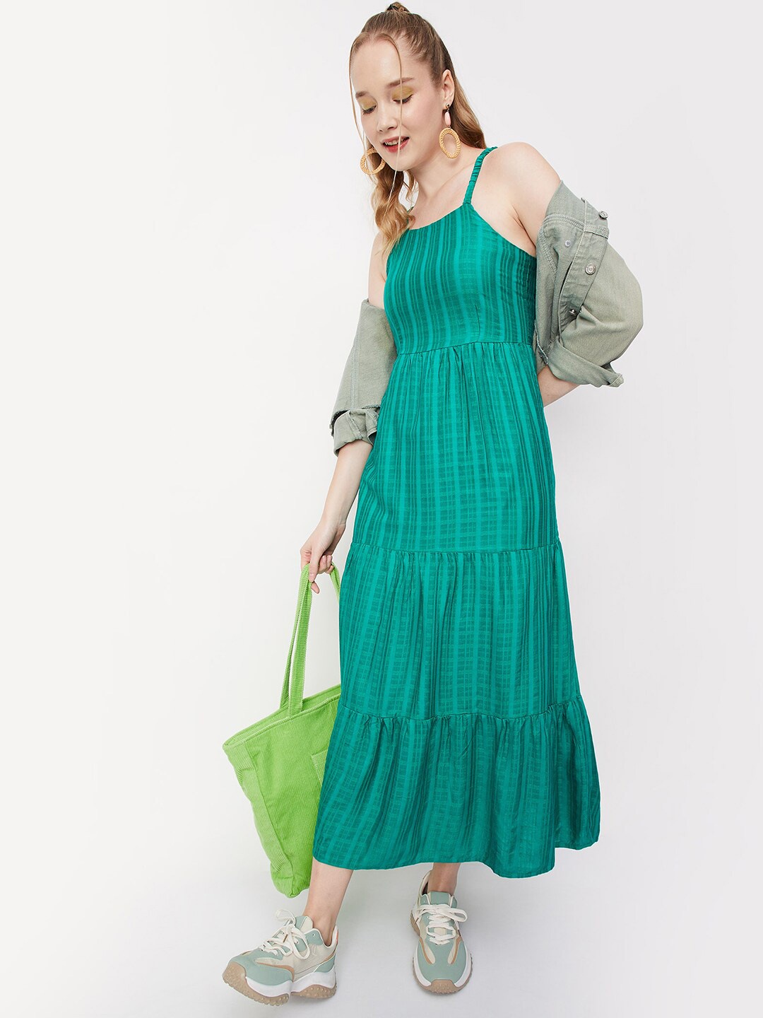 

max Checked Smocked Tiered Fit & Flare Dress, Green