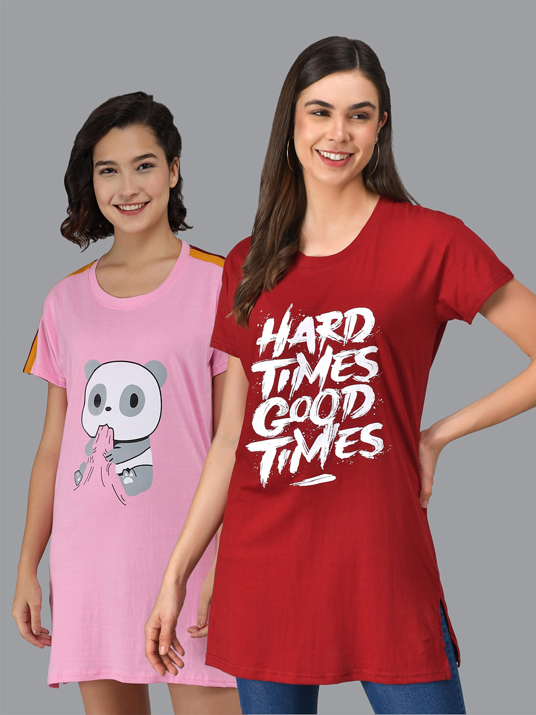 

Christy World Pack Of 2 Typography Printed Pure Cotton Nightdress, Pink