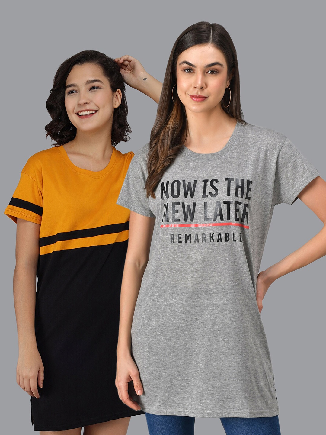 Christy World Pack Of 2 Typography Printed Longline T-shirts, Grey