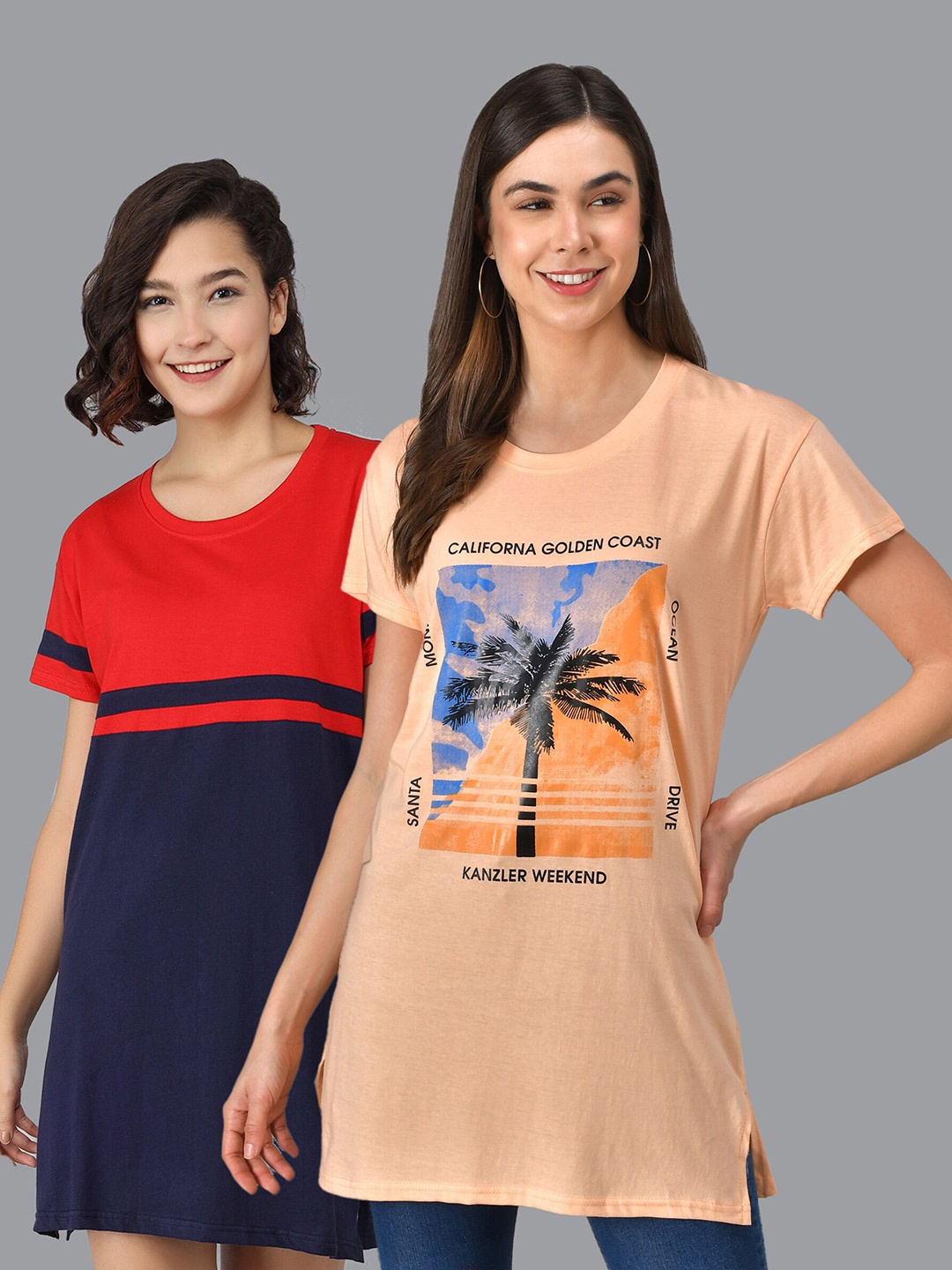 

Christy World Pack Of 2 Graphic Printed Pure Cotton T-Shirt Nightdress, Peach