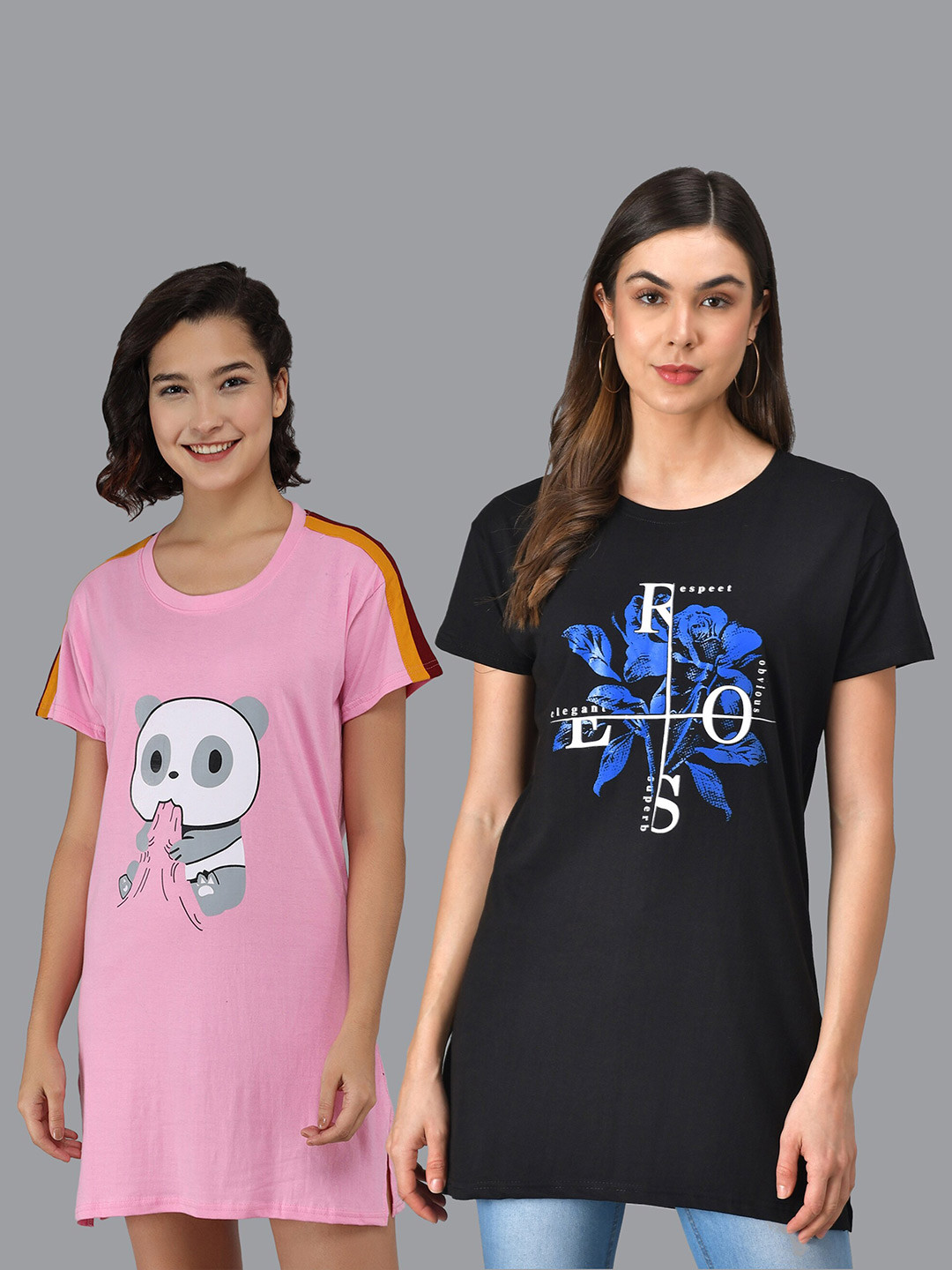

Christy World Pack Of 2 Graphic Printed Pure Cotton T-Shirt Nightdress, Pink