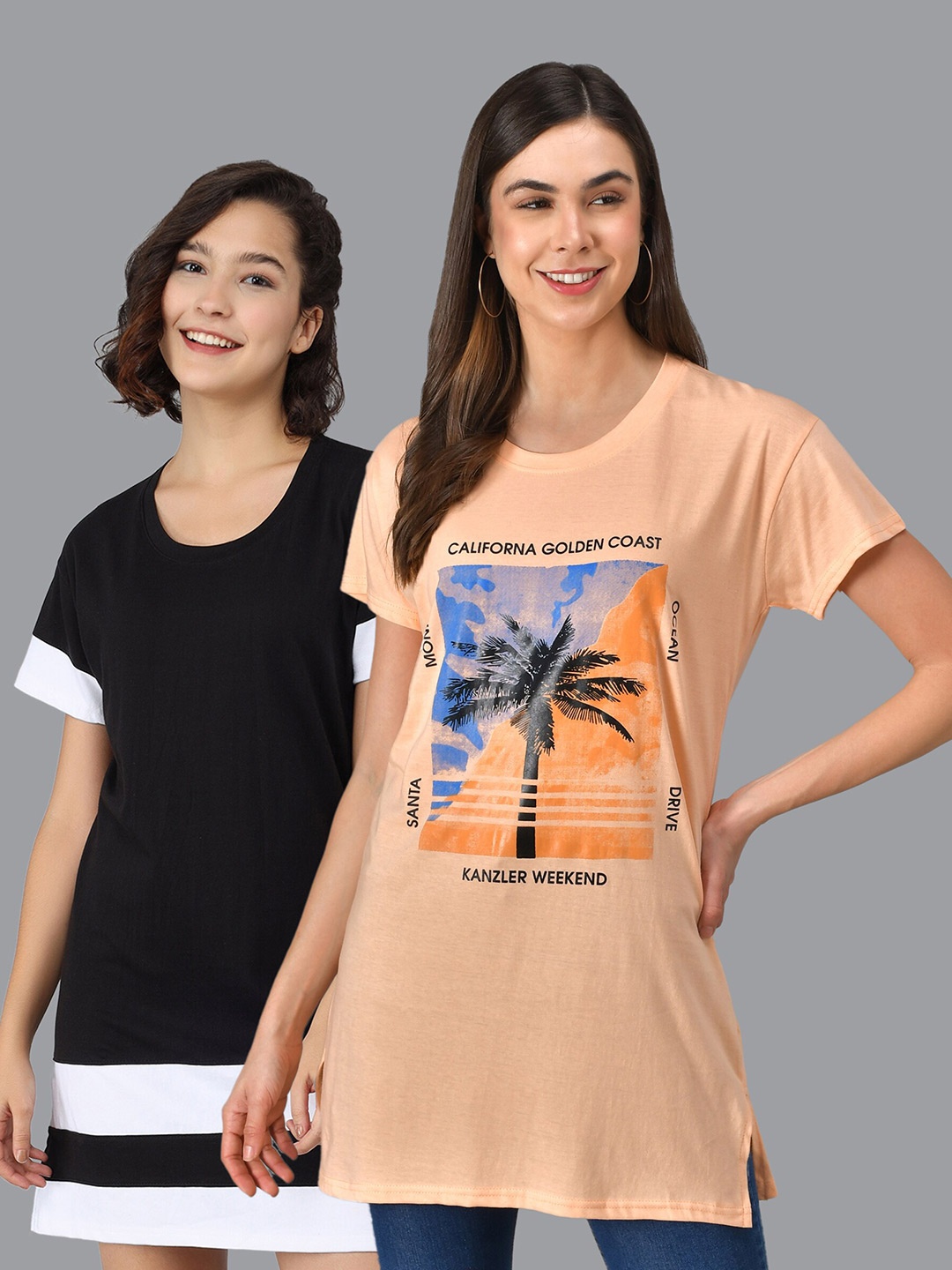 

Christy World Pack Of 2 Graphic Printed Pure Cotton T-Shirt Nightdress, Peach