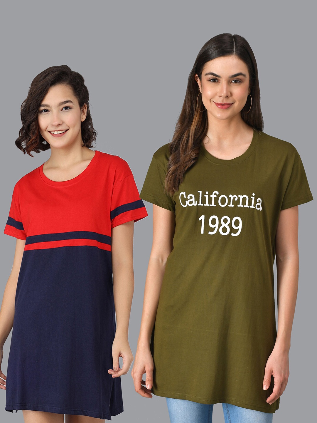 

Christy World Pack Of 2 Typography Printed Longline T-shirts, Olive