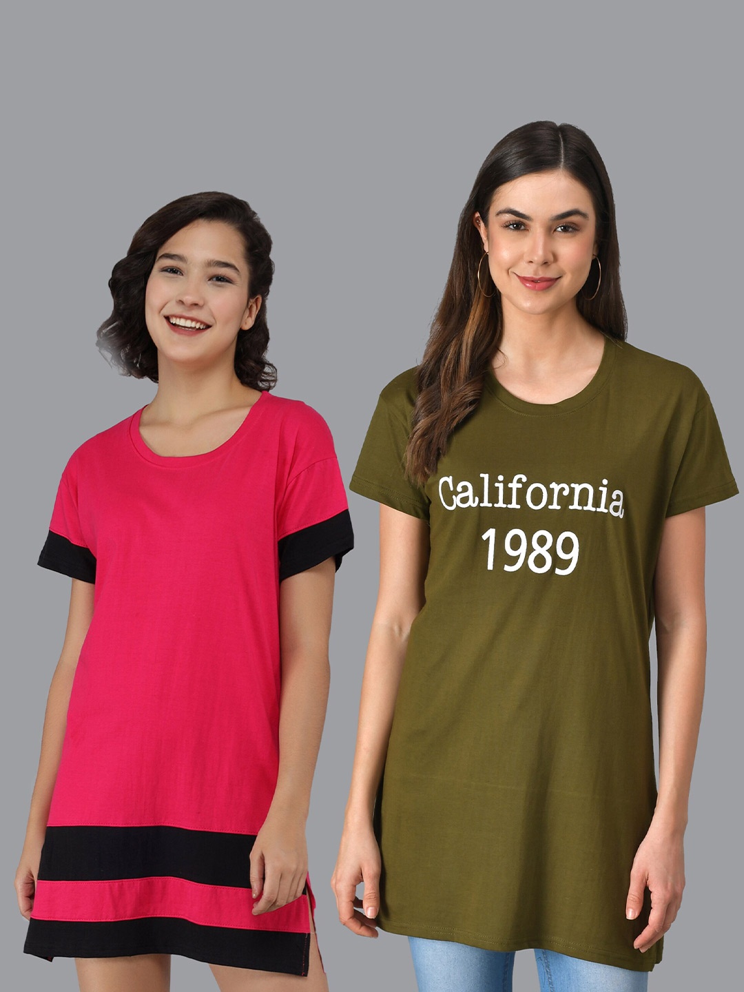 

Christy World Pack Of 2 Typography Printed Pure Cotton T-Shirt Nightdress, Olive