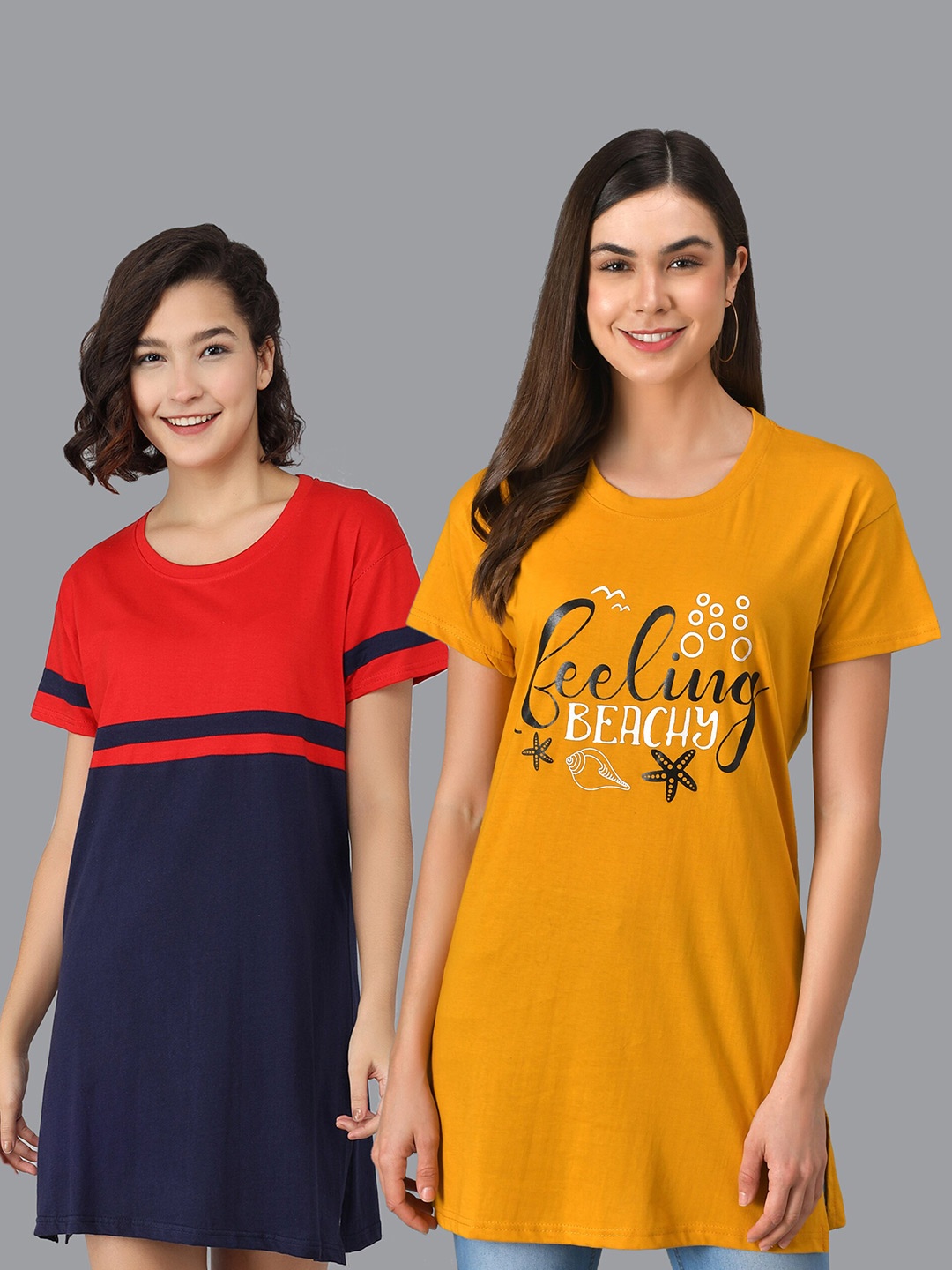 

Christy World Pack Of 2 Typography Printed Pure Cotton T-Shirt Nightdress, Mustard