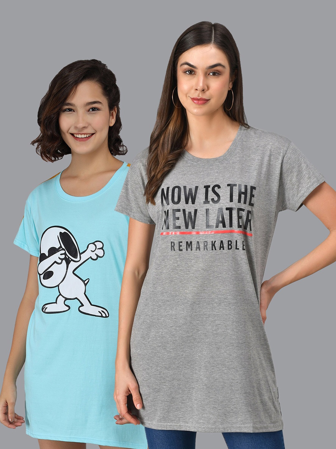 

Christy World Pack Of 2 Typography Printed Pure Cotton T-Shirt Nightdress, Blue