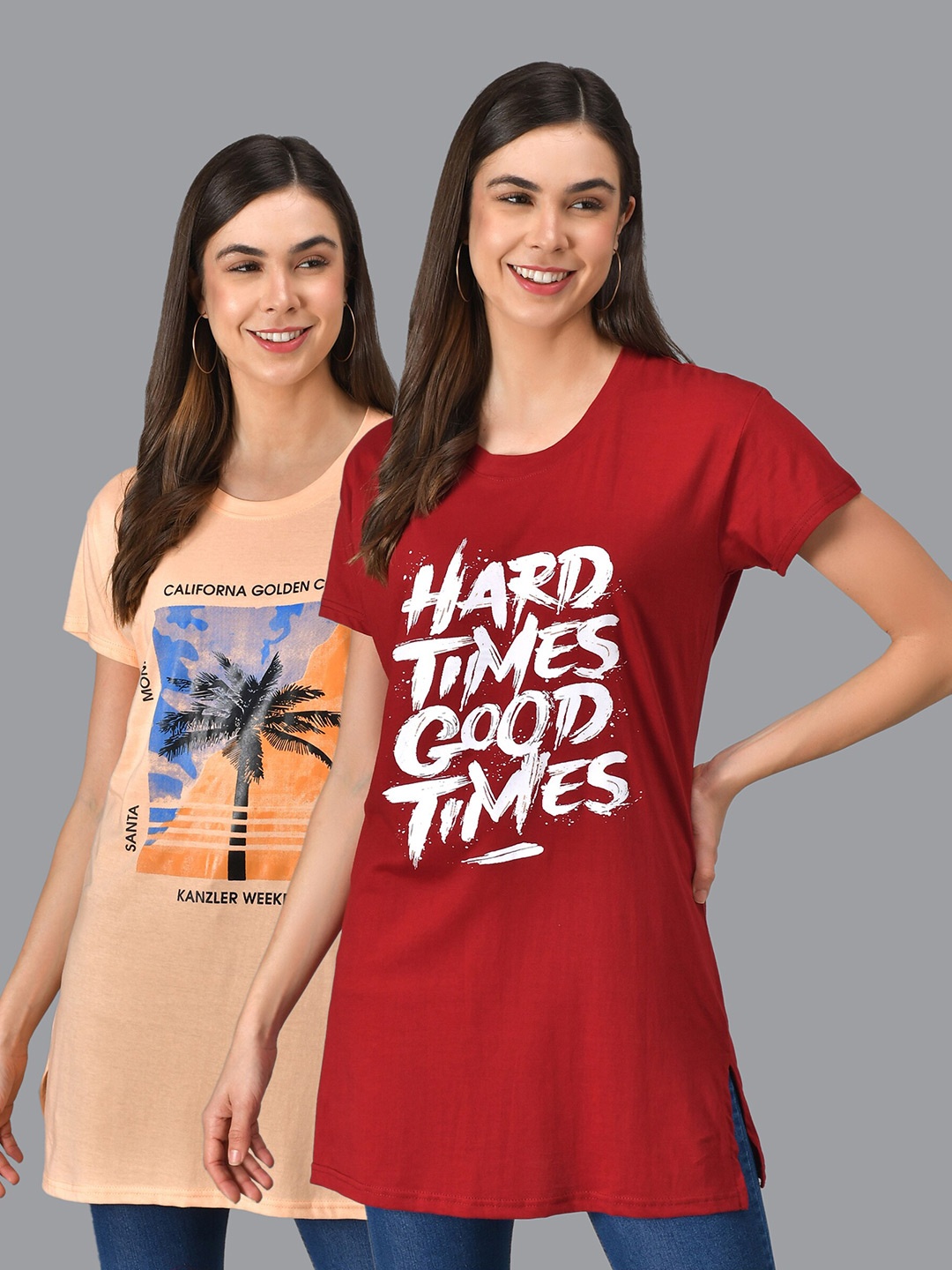 

Christy World Pack Of 2 Typography Printed Pure Cotton T-Shirt Nightdress, Peach