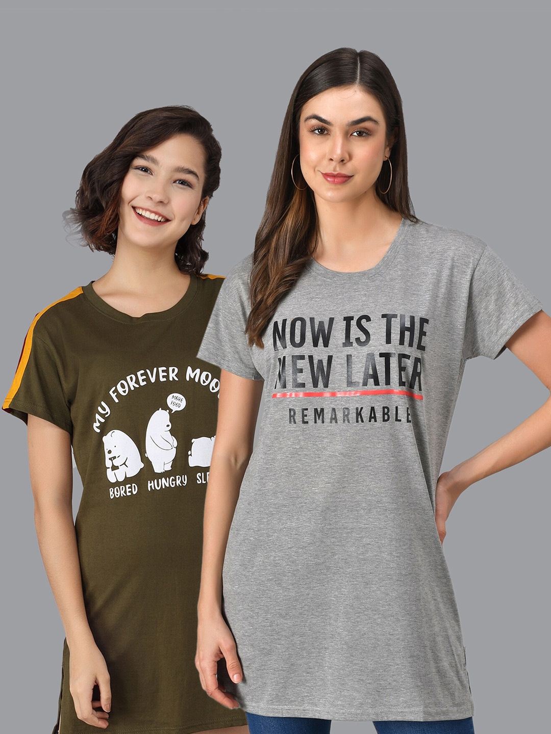 

Christy World Pack Of 2 Typography Printed Pure Cotton T-Shirt Nightdress, Grey