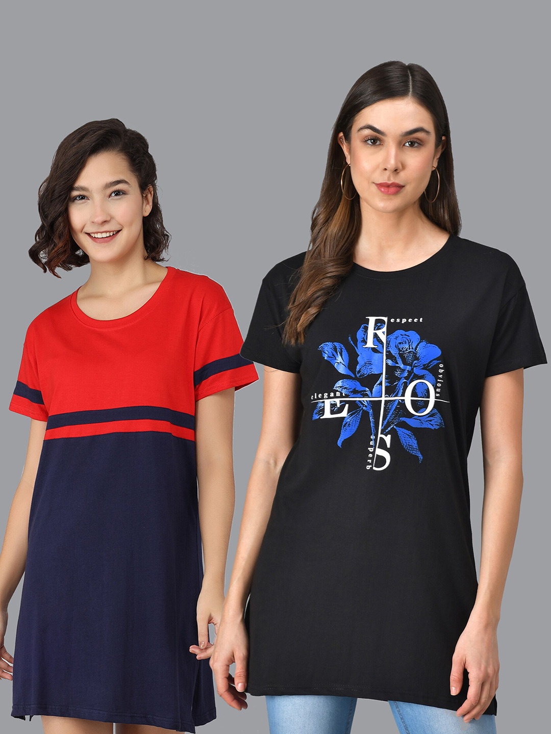 

Christy World Pack Of 2 Graphic Printed Pure Cotton T-Shirt Nightdress, Red