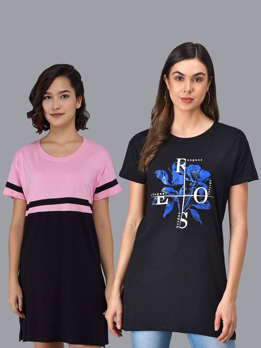 

Christy World Pack Of 2 Typography Printed Pure Cotton T-Shirt Nightdress, Pink