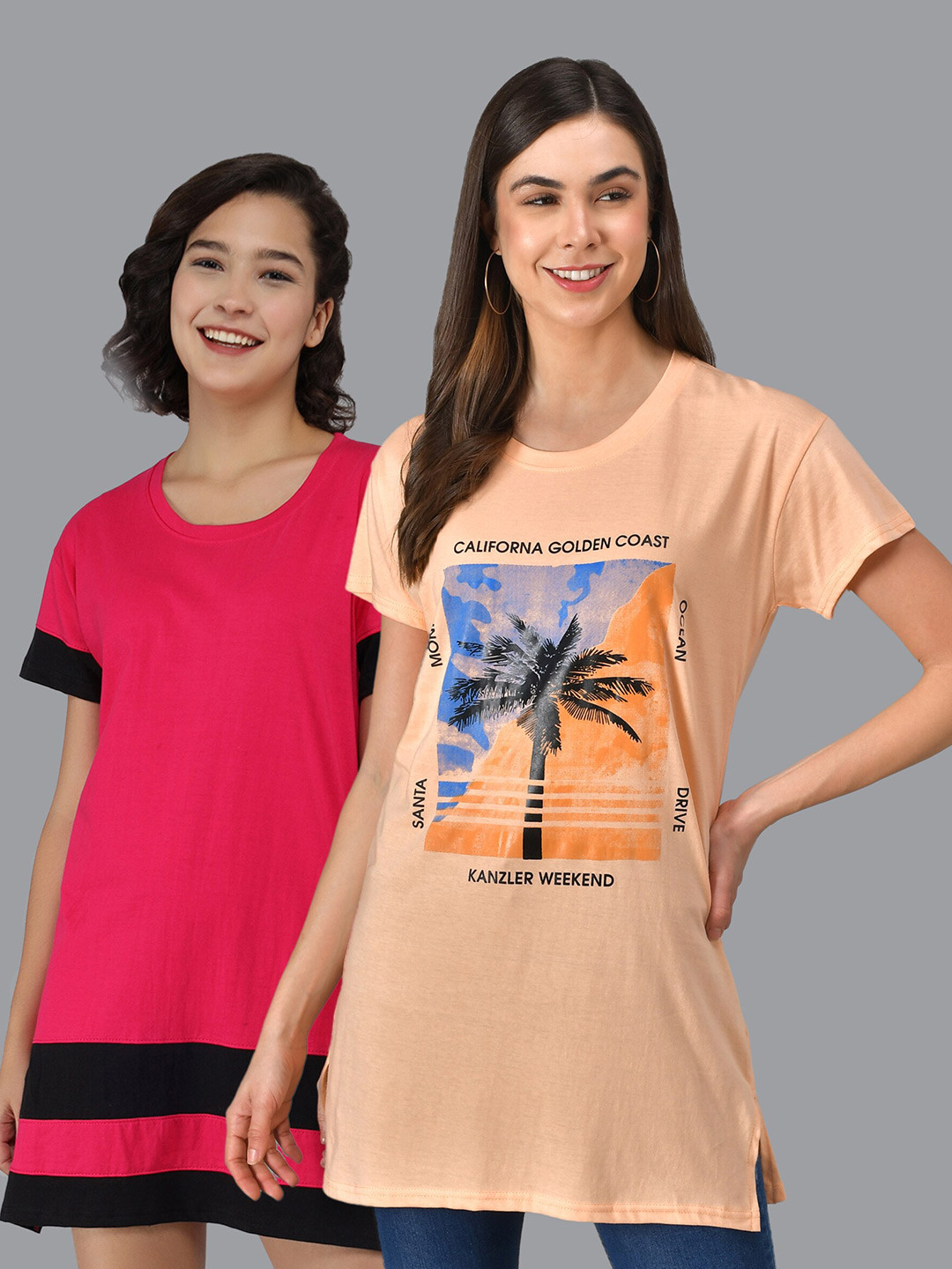 

Christy World Pack Of 2 Graphic Printed Pure Cotton T-Shirt Nightdress, Peach