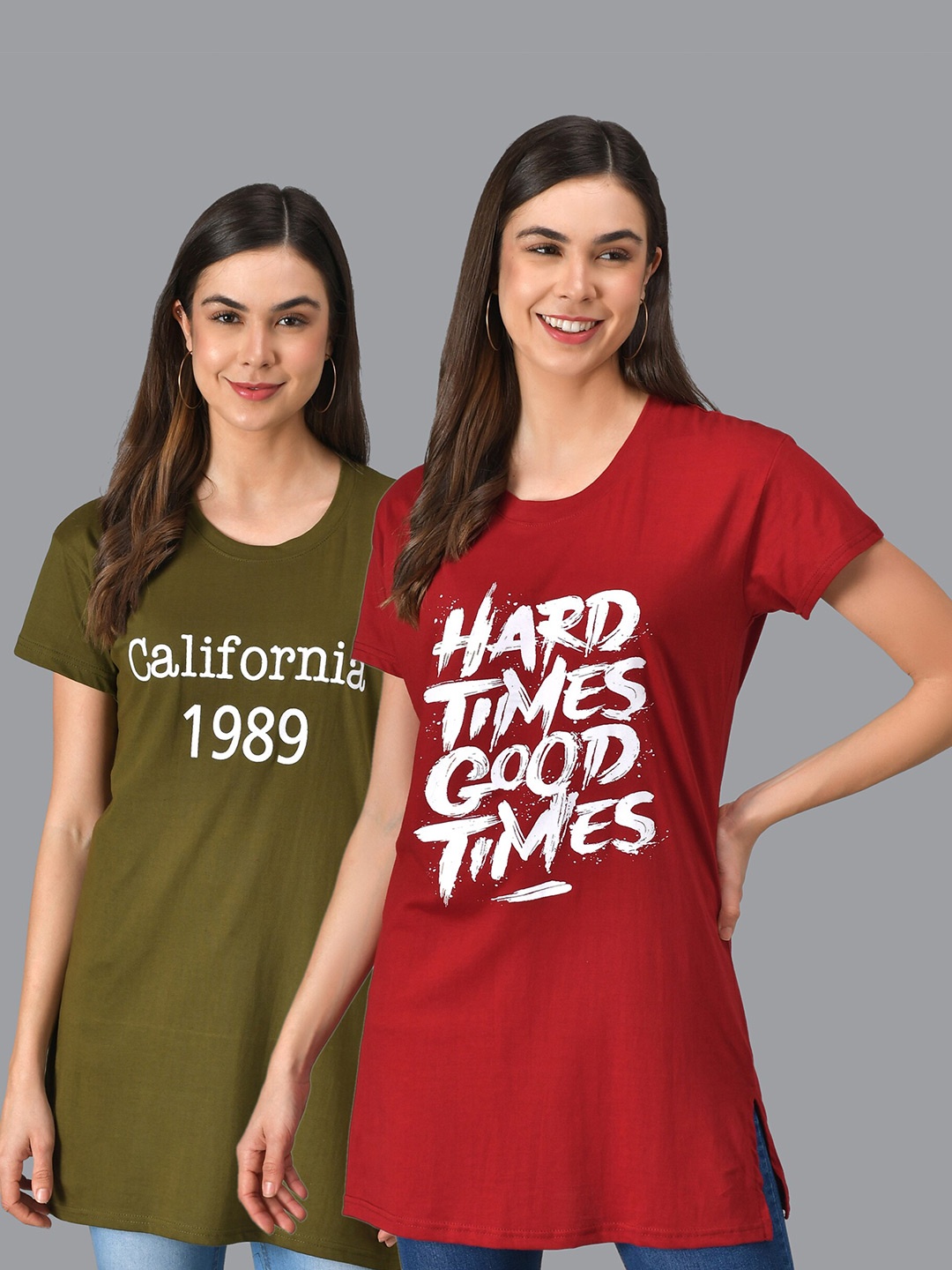 

Christy World Pack Of 2 Typography Printed Longline T-shirts, Olive