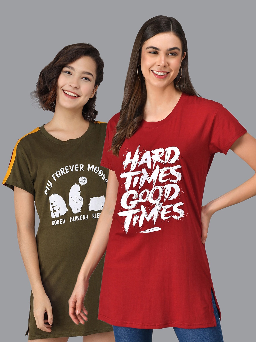 Christy World Pack Of 2 Typography Printed Longline T-shirts, Red
