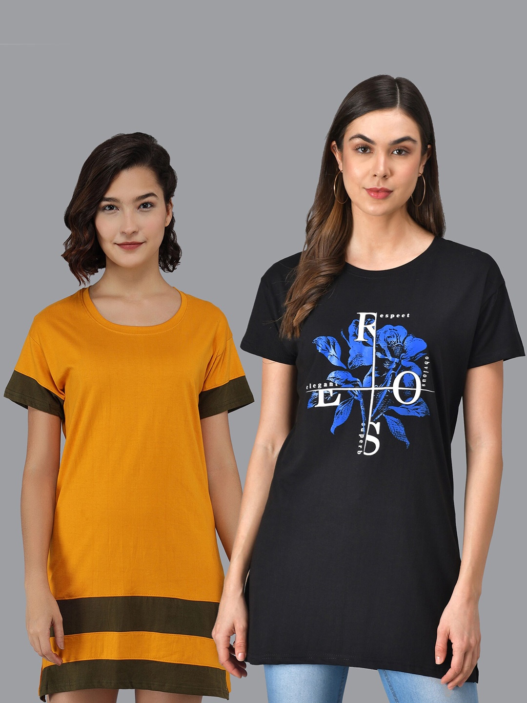 

Christy World Pack Of 2 Graphic Printed Pure Cotton T-Shirt Nightdress, Mustard