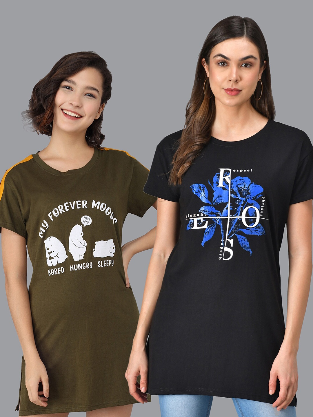 

Christy World Pack Of 2 Graphic Printed Longline T-shirts, Olive