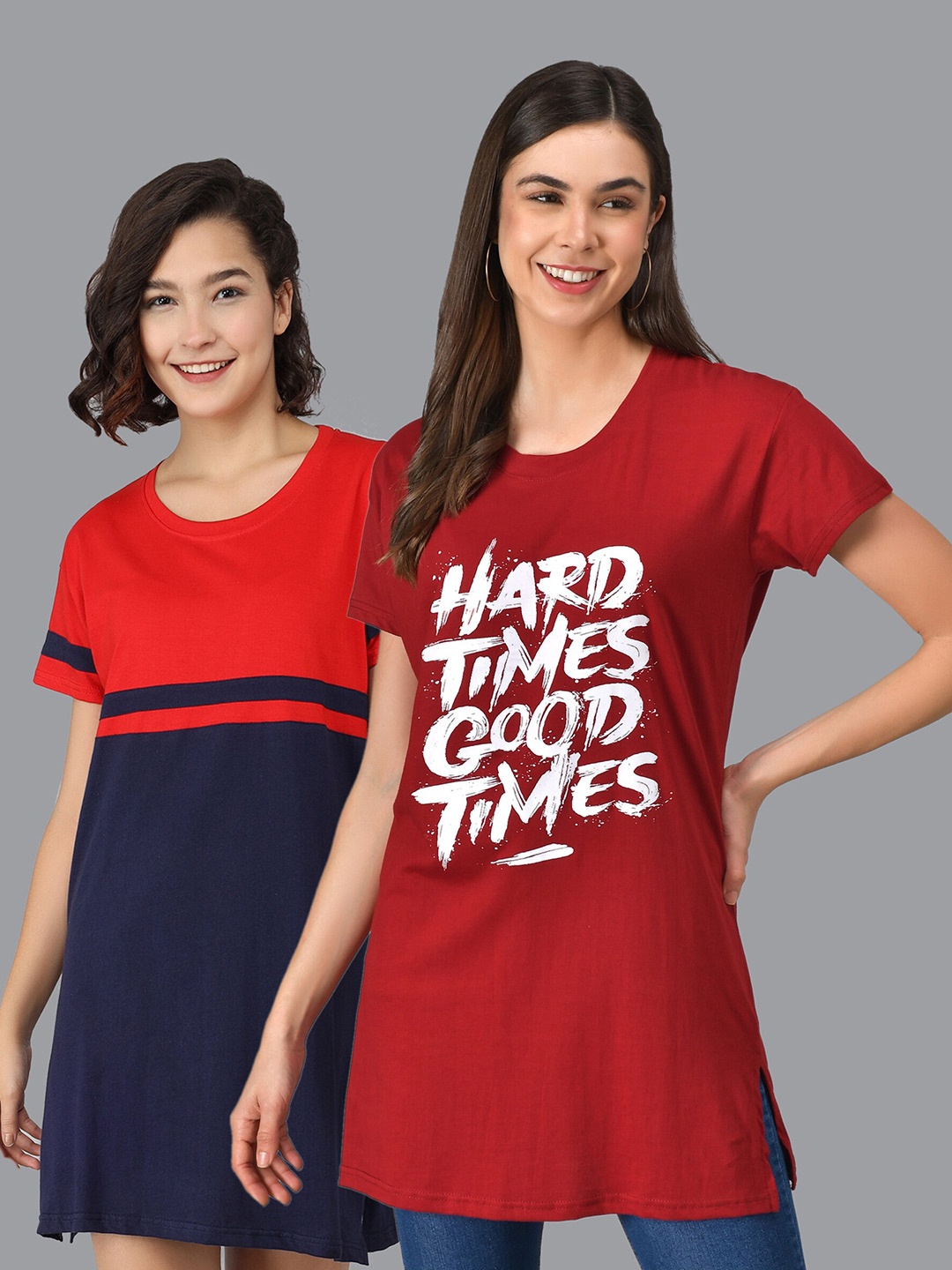 

Christy World Pack Of 2 Typography Printed Longline T-shirts, Maroon