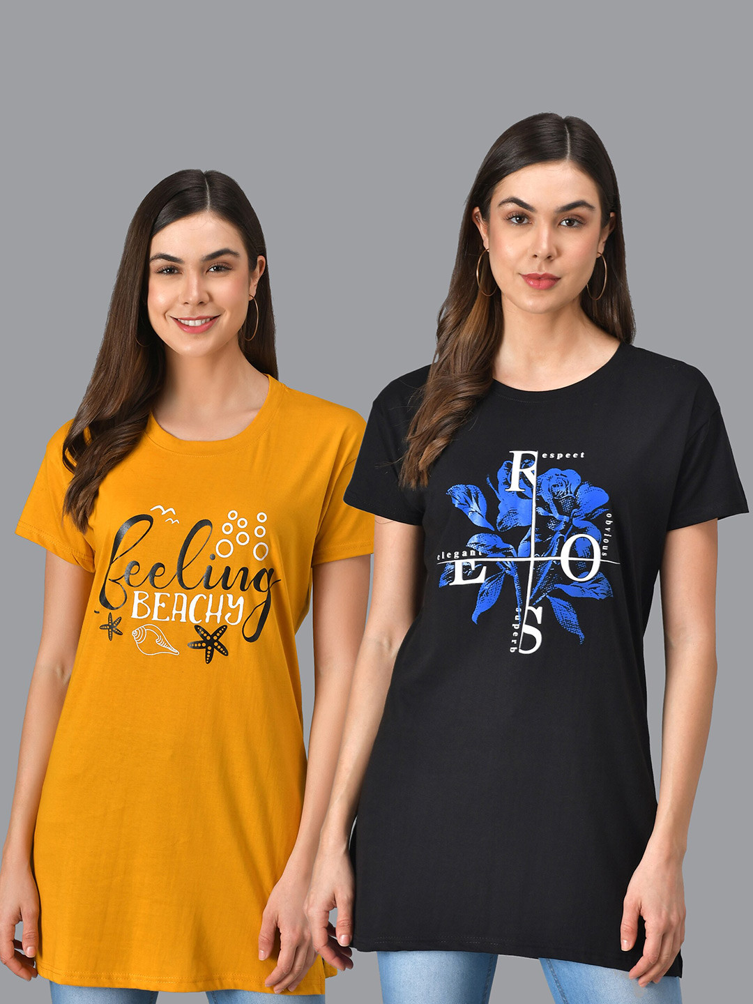 

Christy World Pack Of 2 Typography Printed Pure Cotton T-Shirt Nightdress, Mustard