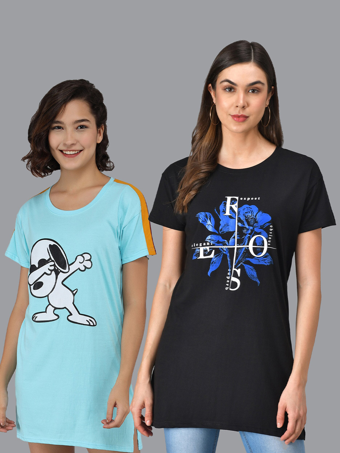 

Christy World Pack Of 2 Graphic Printed Pure Cotton T-Shirt Nightdress, Blue