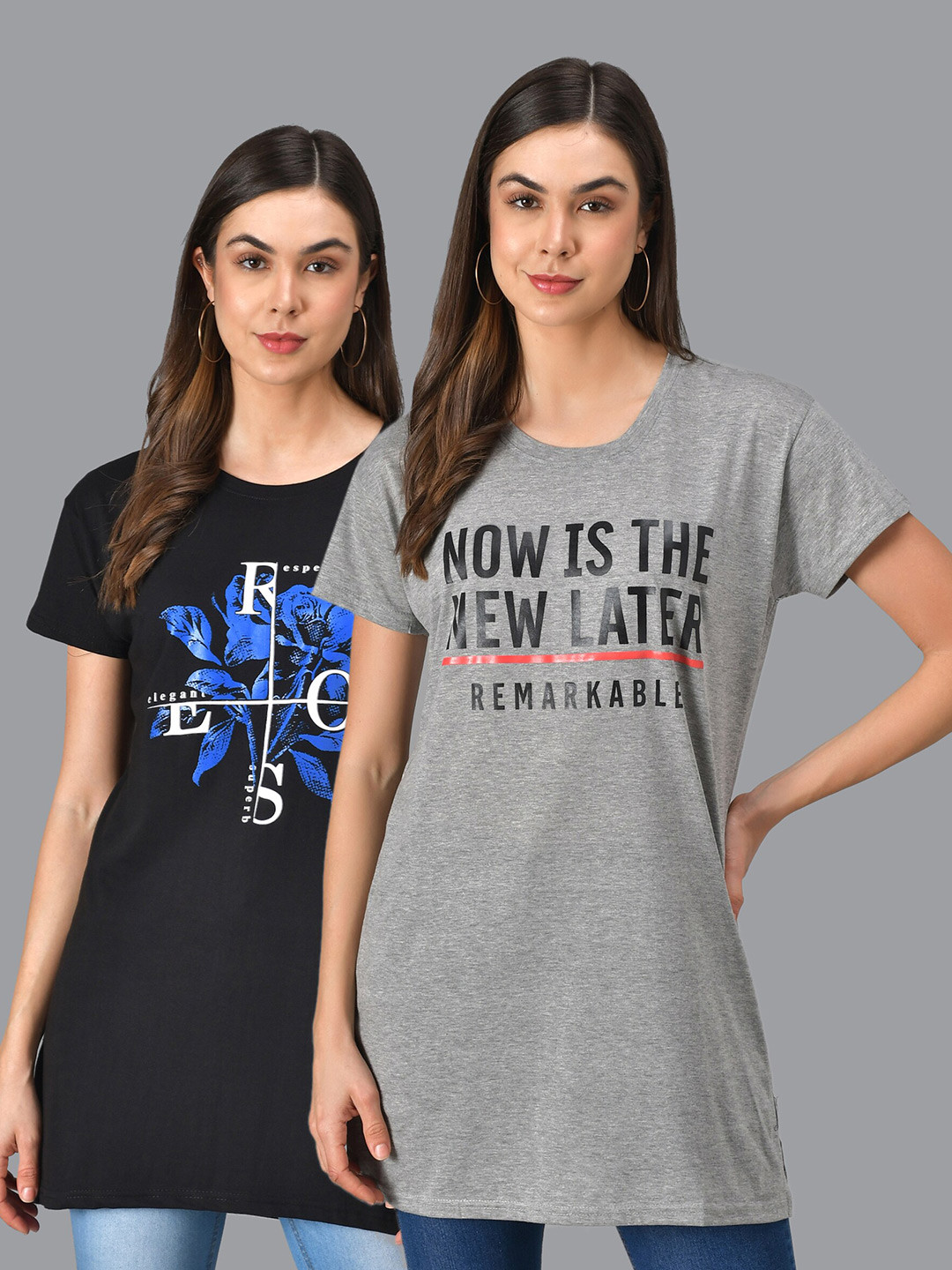 

Christy World Pack Of 2 Typography Printed Longline T-shirts, Grey