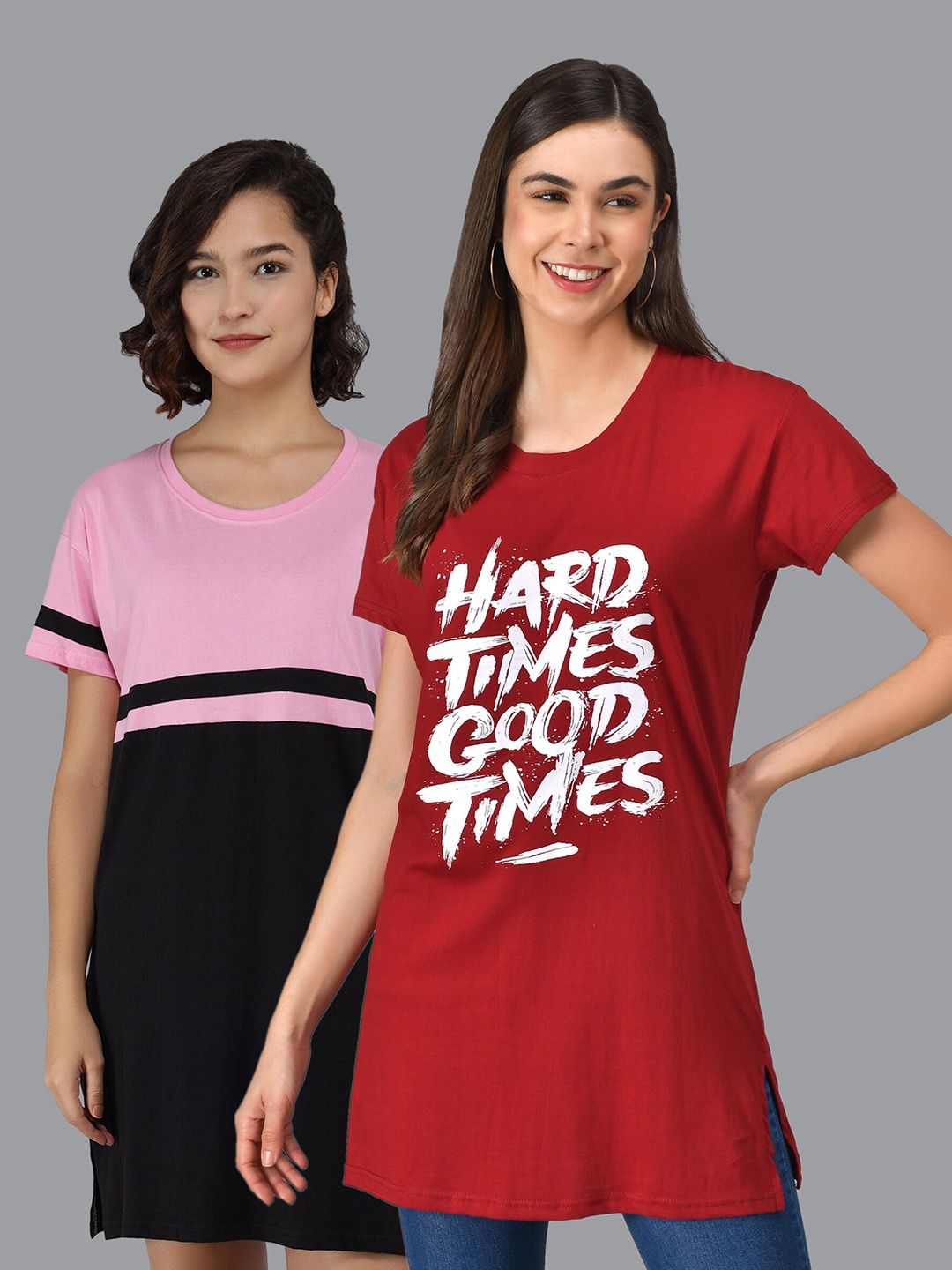 Christy World Pack Of 2 Typography Printed Longline T-shirts, Red
