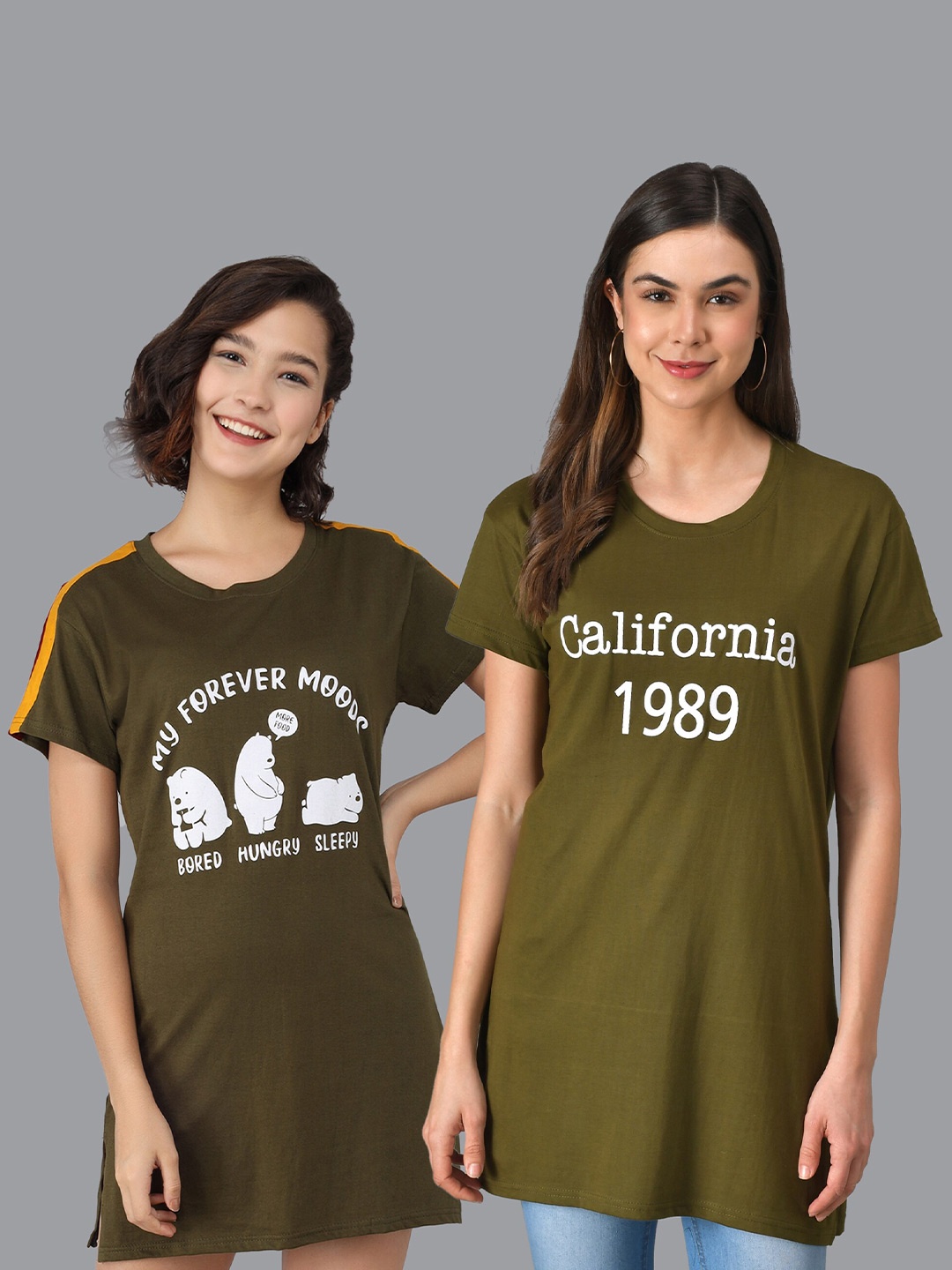 

Christy World Pack Of 2 Typography Printed Pure Cotton T-Shirt Nightdress, Olive