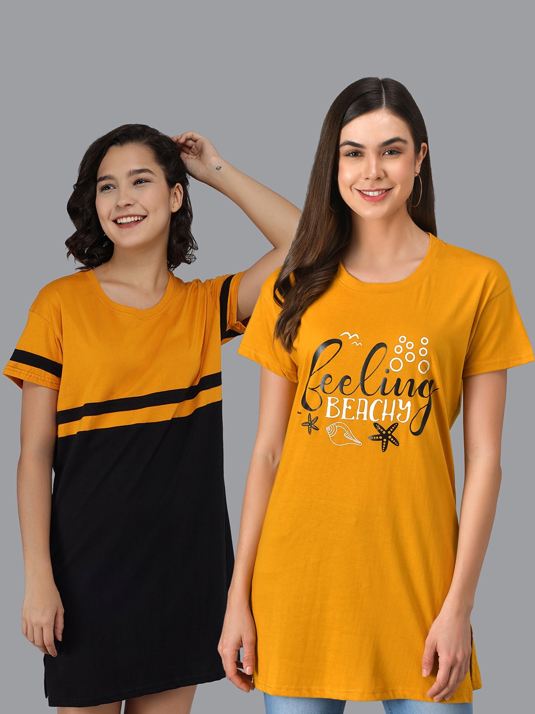 

Christy World Pack Of 2 Typography Printed Longline T-shirts, Yellow
