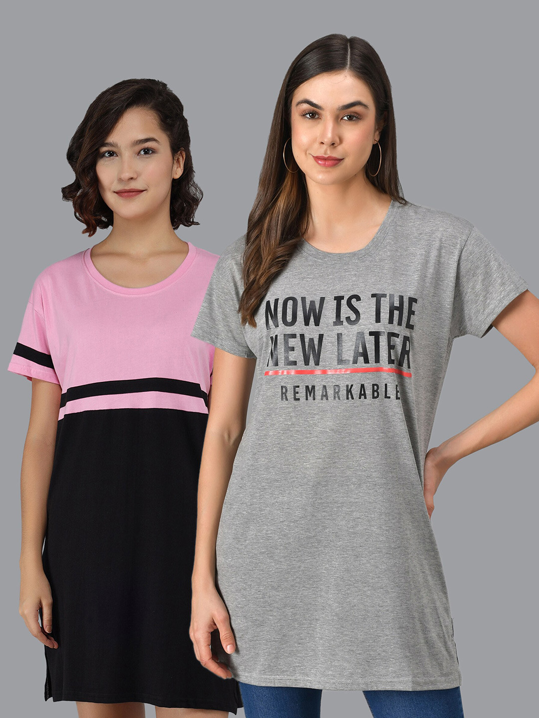 

Christy World Pack Of 2 Typography Printed Longline T-shirts, Pink