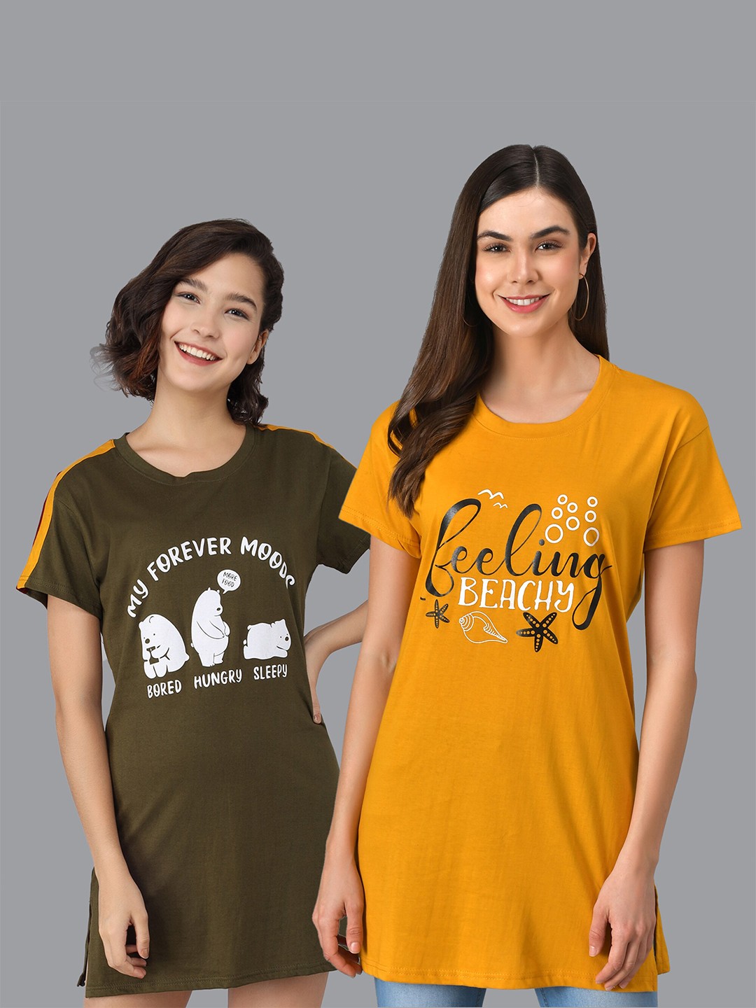 

Christy World Pack Of 2 Typography Printed Pure Cotton T-Shirt Nightdress, Olive