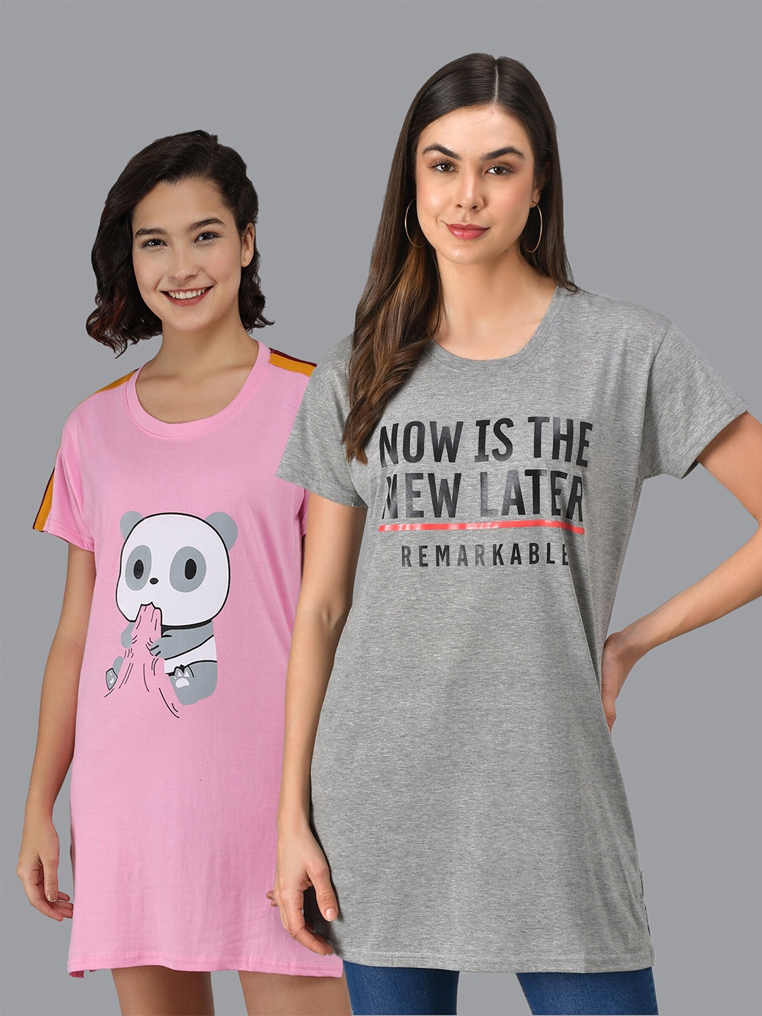 

Christy World Pack Of 2 Typography Printed Pure Cotton T-Shirt Nightdress, Pink