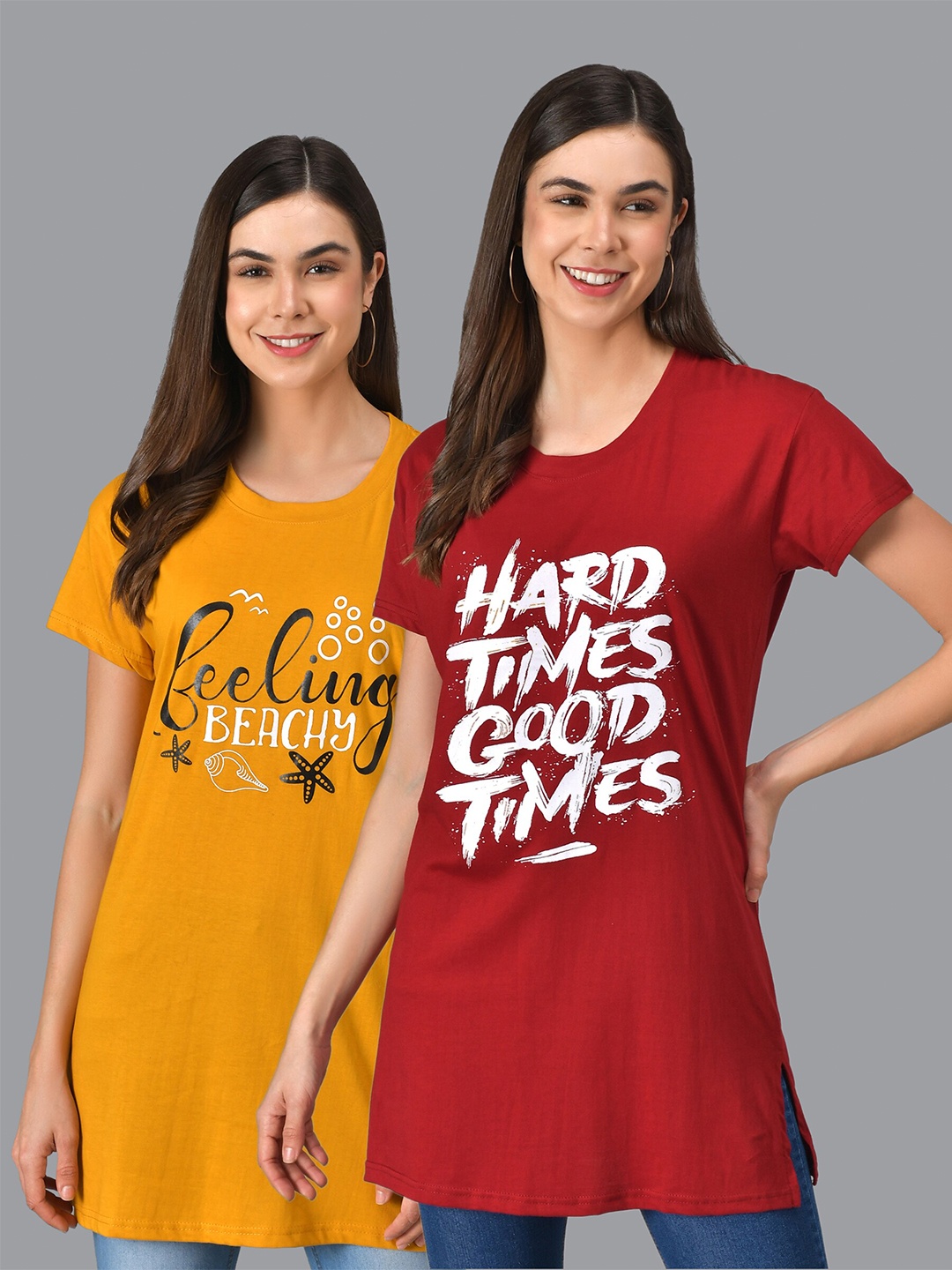 Christy World Pack Of 2 Typography Printed Longline T-shirts, Red