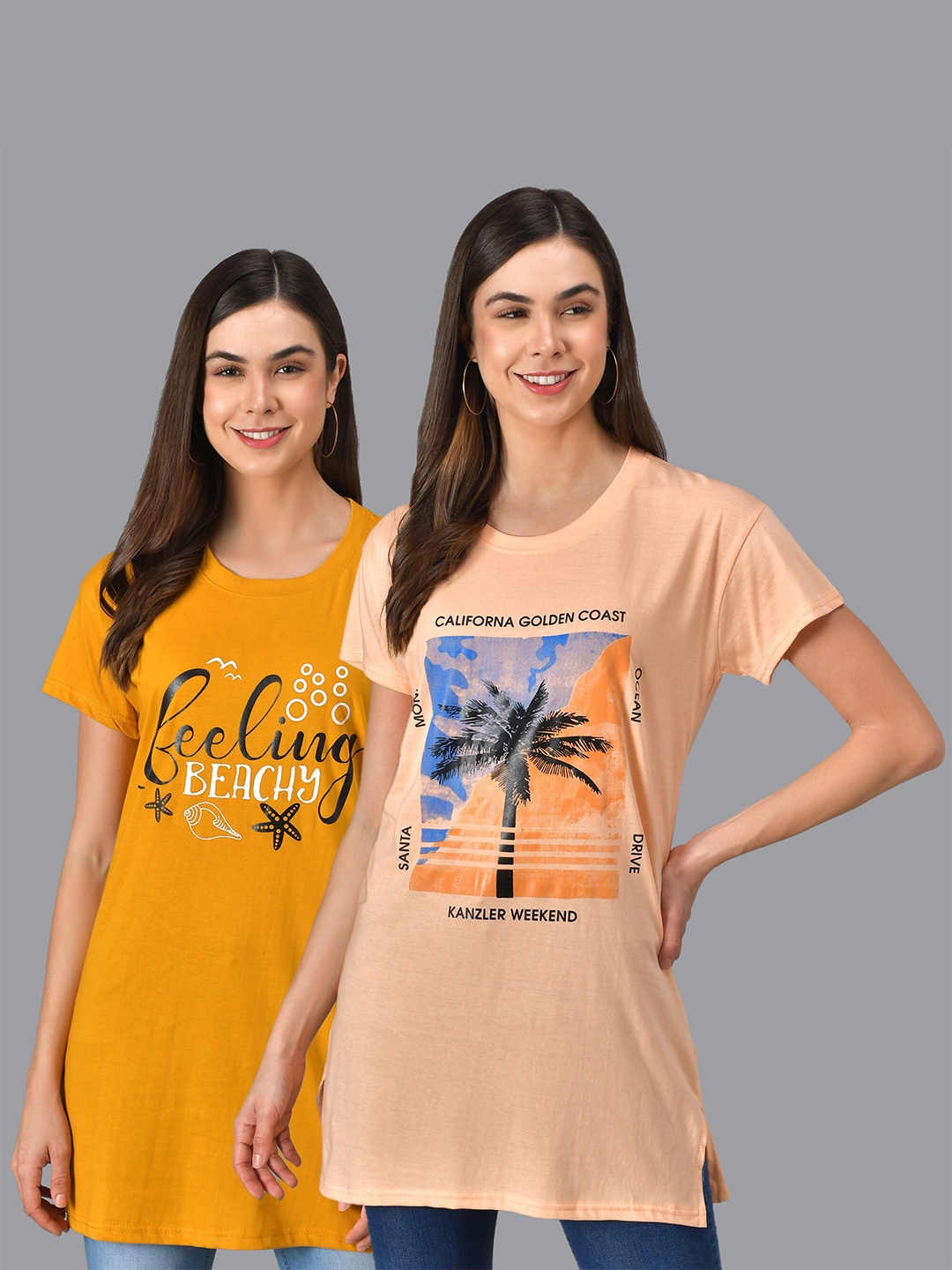 

Christy World Pack Of 2 Graphic Printed Longline T-shirts, Yellow