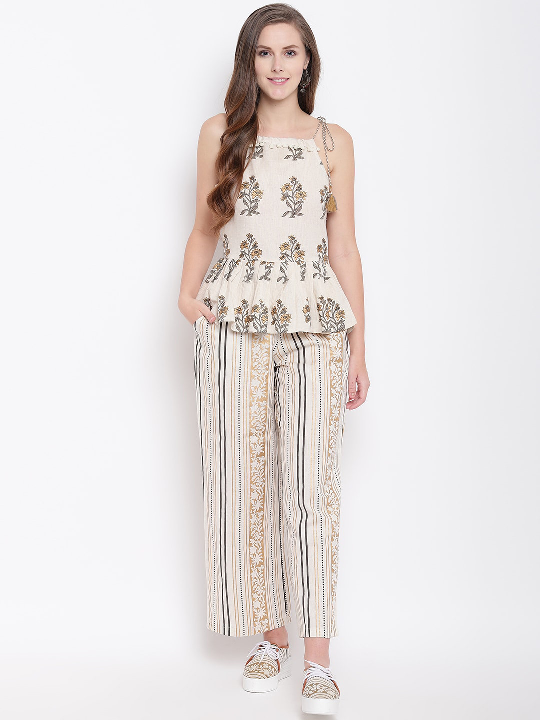 

Stylespace by Isha Floral Printed Pure Cotton Top with Palazzos, Beige