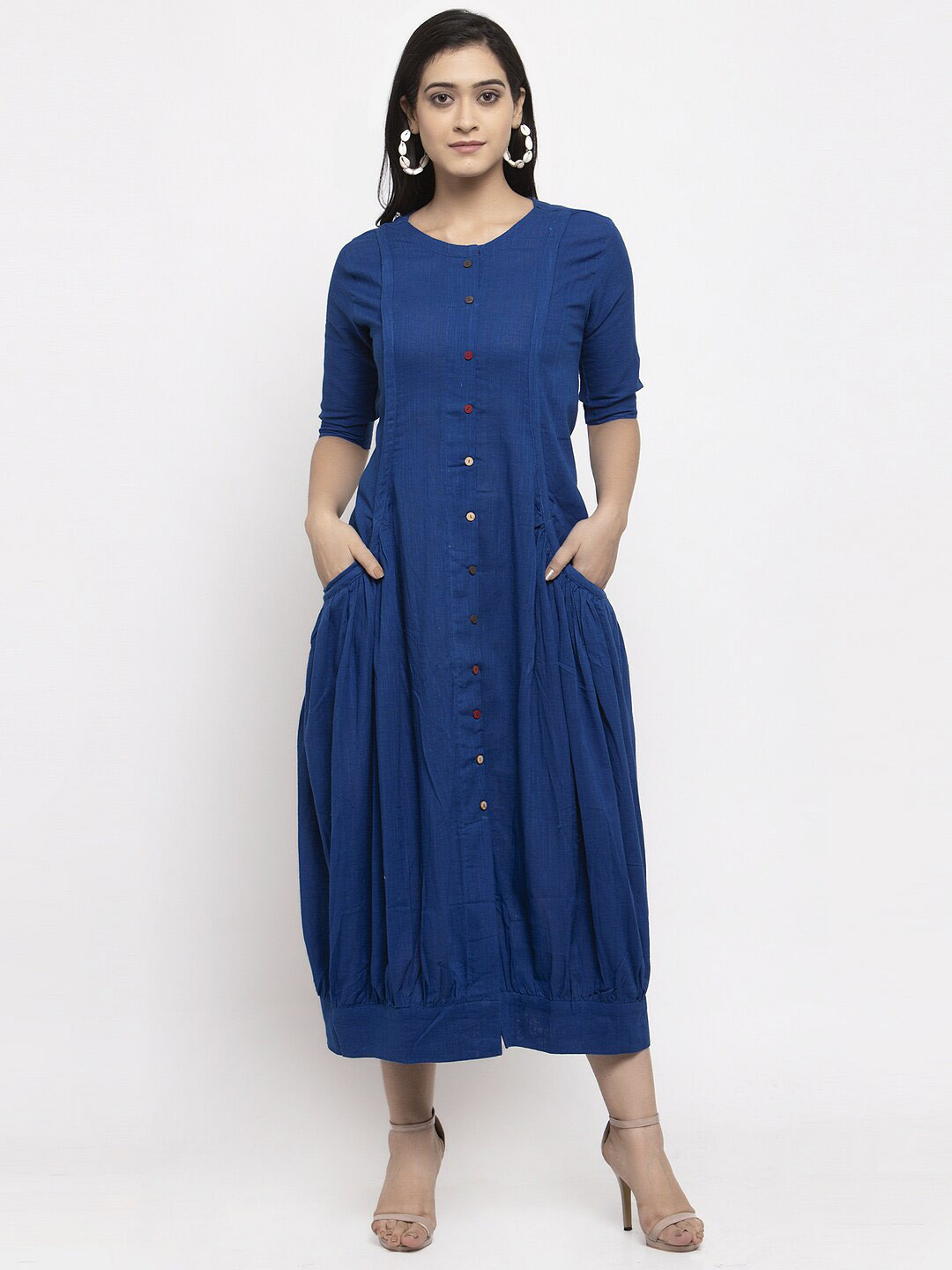 

Stylespace by Isha Gathered Midi A-Line Dress, Blue