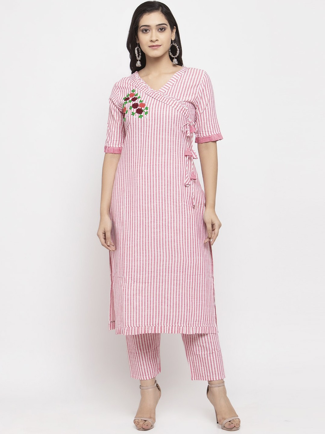 

Stylespace by Isha Striped Angrakha Thread Work Pure Cotton Kurta with Palazzos, Pink